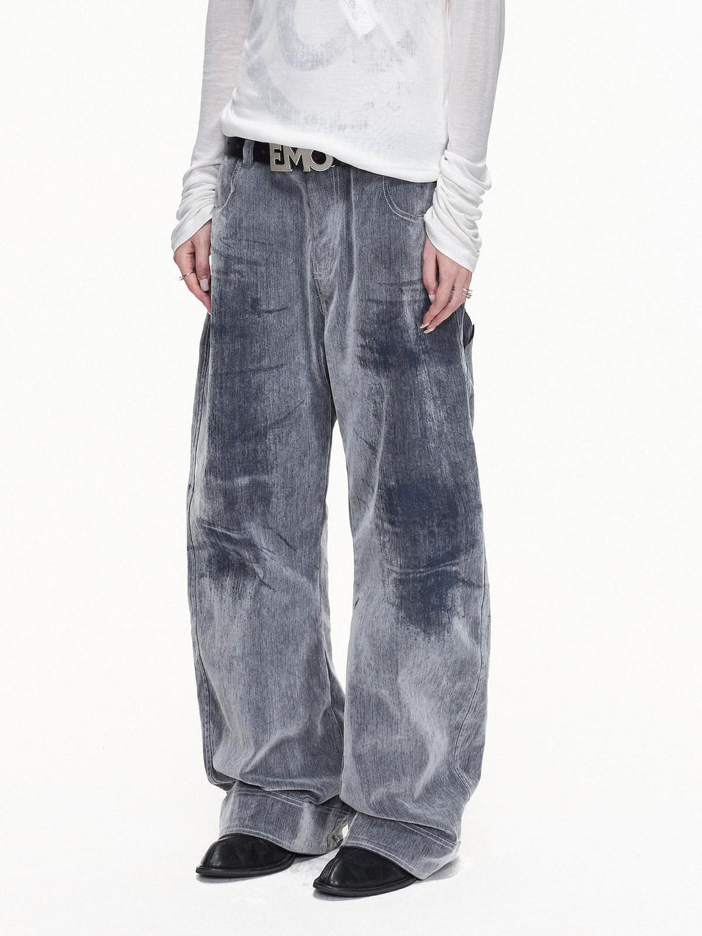 EMOBROTHER Laser Engraved Crackle Mid Rise Loose Cotton Pocket Zip Fly Wide-Leg Jeans