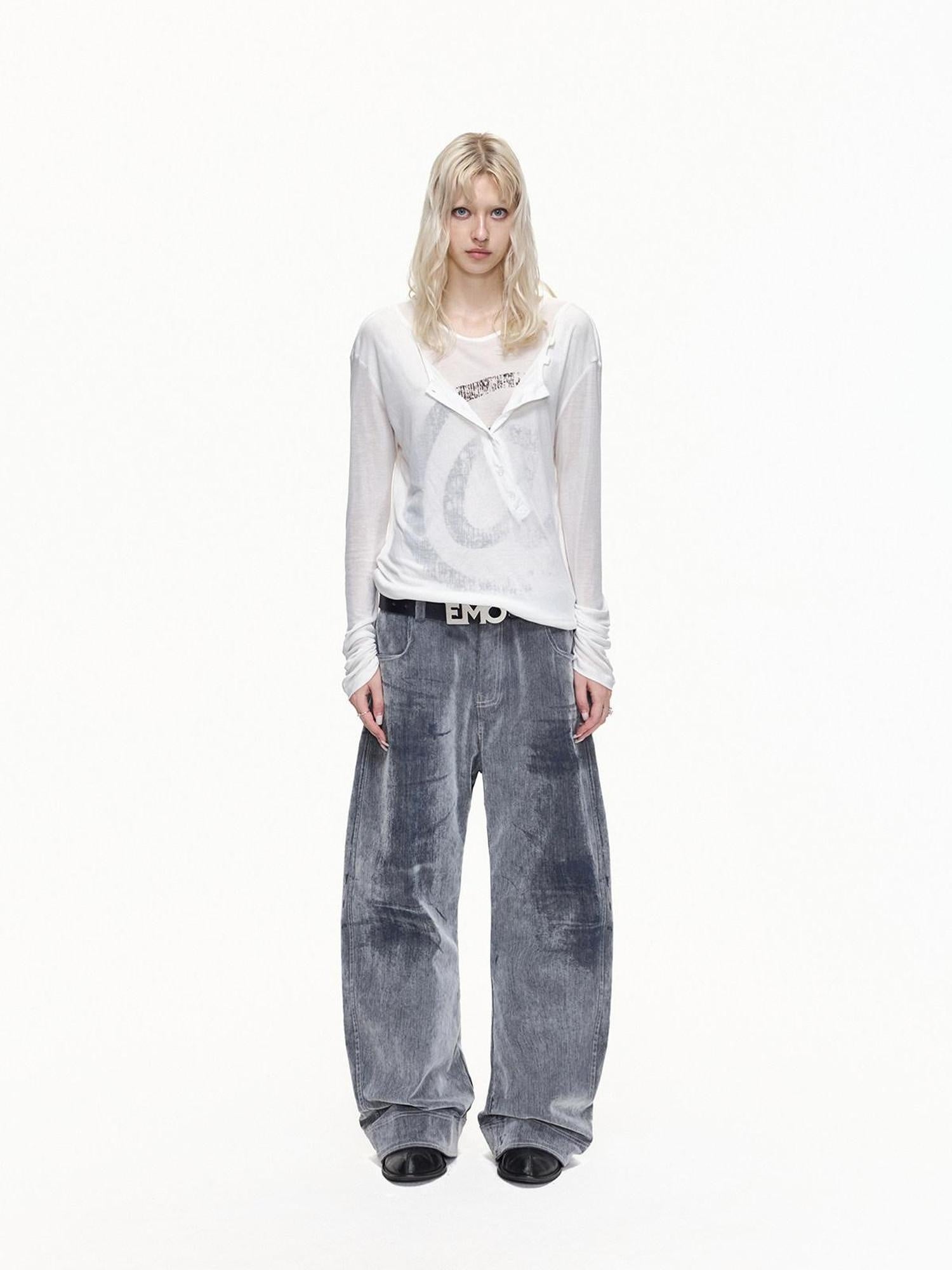 EMOBROTHER Laser Engraved Crackle Mid Rise Loose Cotton Pocket Zip Fly Wide-Leg Jeans
