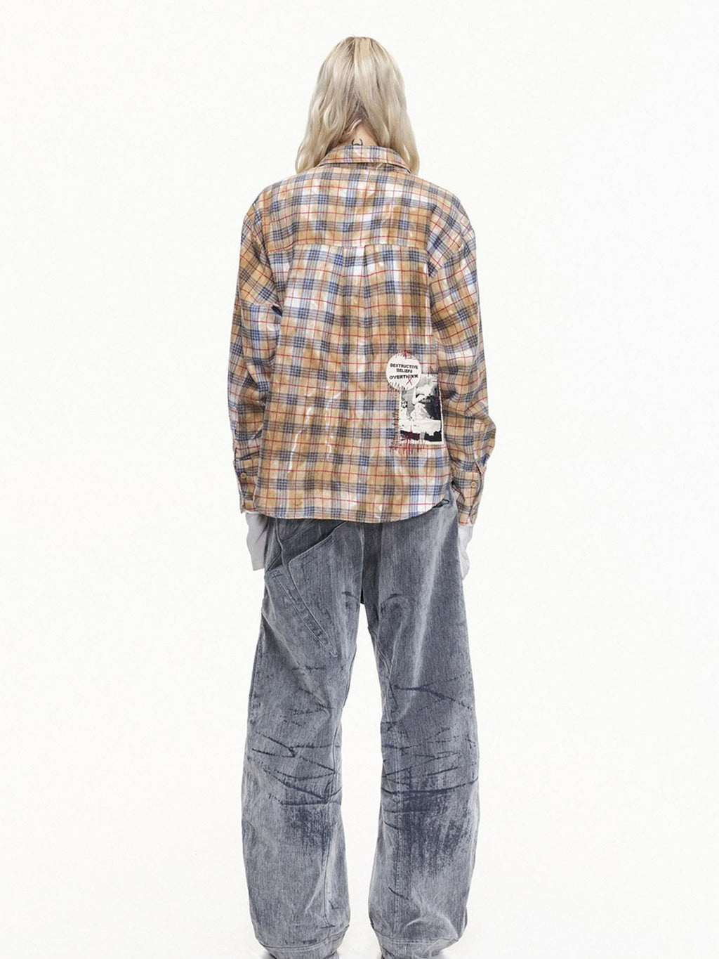 EMOBROTHER Laser Engraved Crackle Mid Rise Loose Cotton Pocket Zip Fly Wide-Leg Jeans