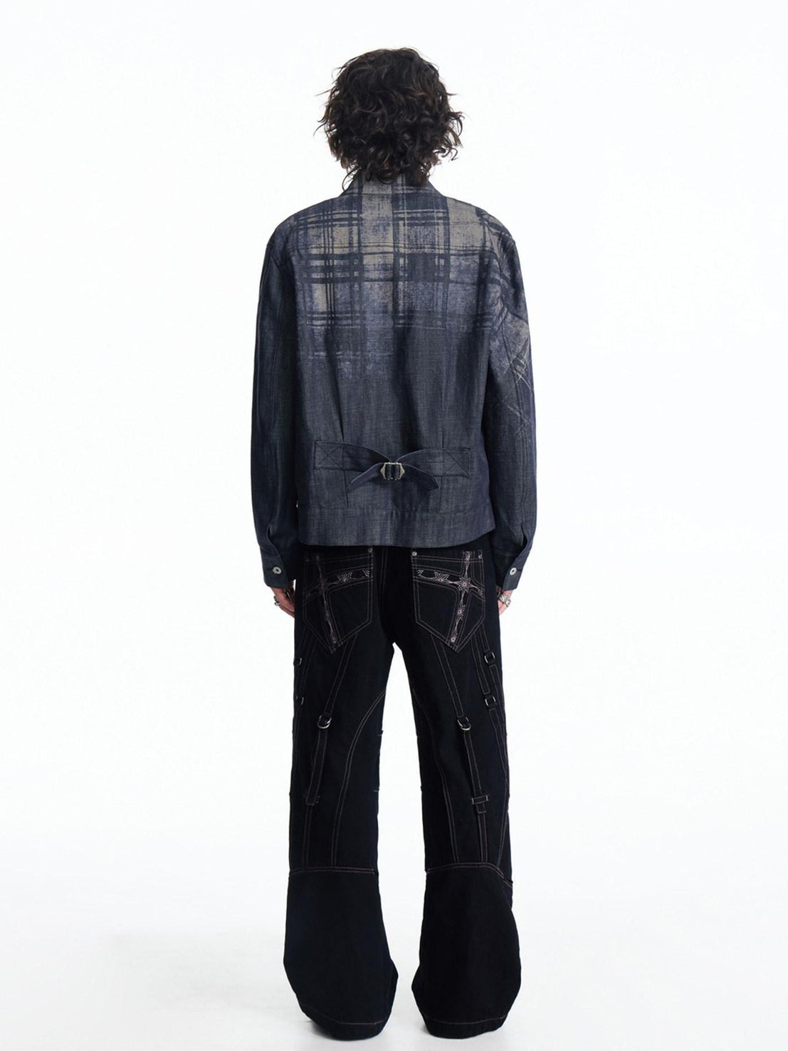 EMOBROTHER Loose Embroidered Vintage Cotton Unisex Work Plaid Patch Midlength Denim Jackets