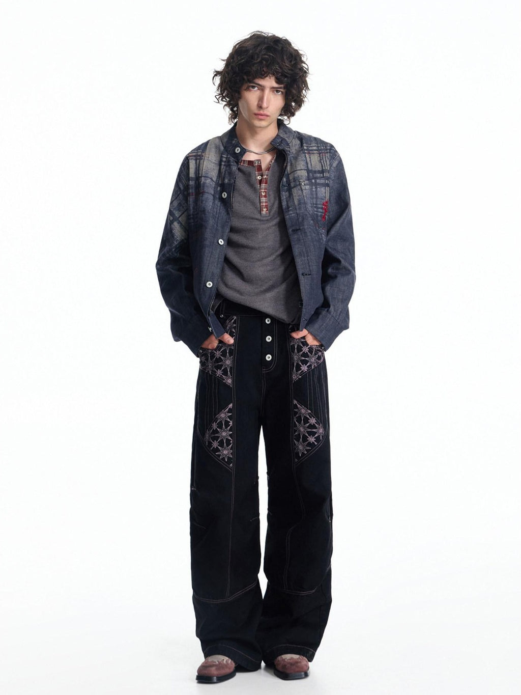EMOBROTHER Loose Embroidered Vintage Cotton Unisex Work Plaid Patch Midlength Denim Jackets