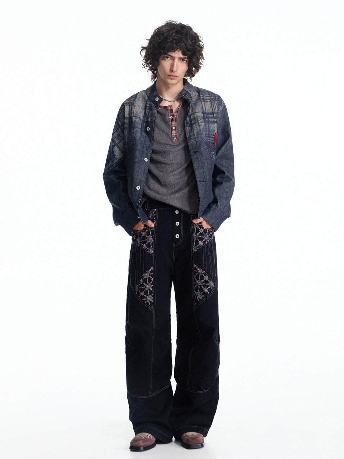 EMOBROTHER Loose Embroidered Vintage Cotton Unisex Work Plaid Patch Midlength Denim Jackets