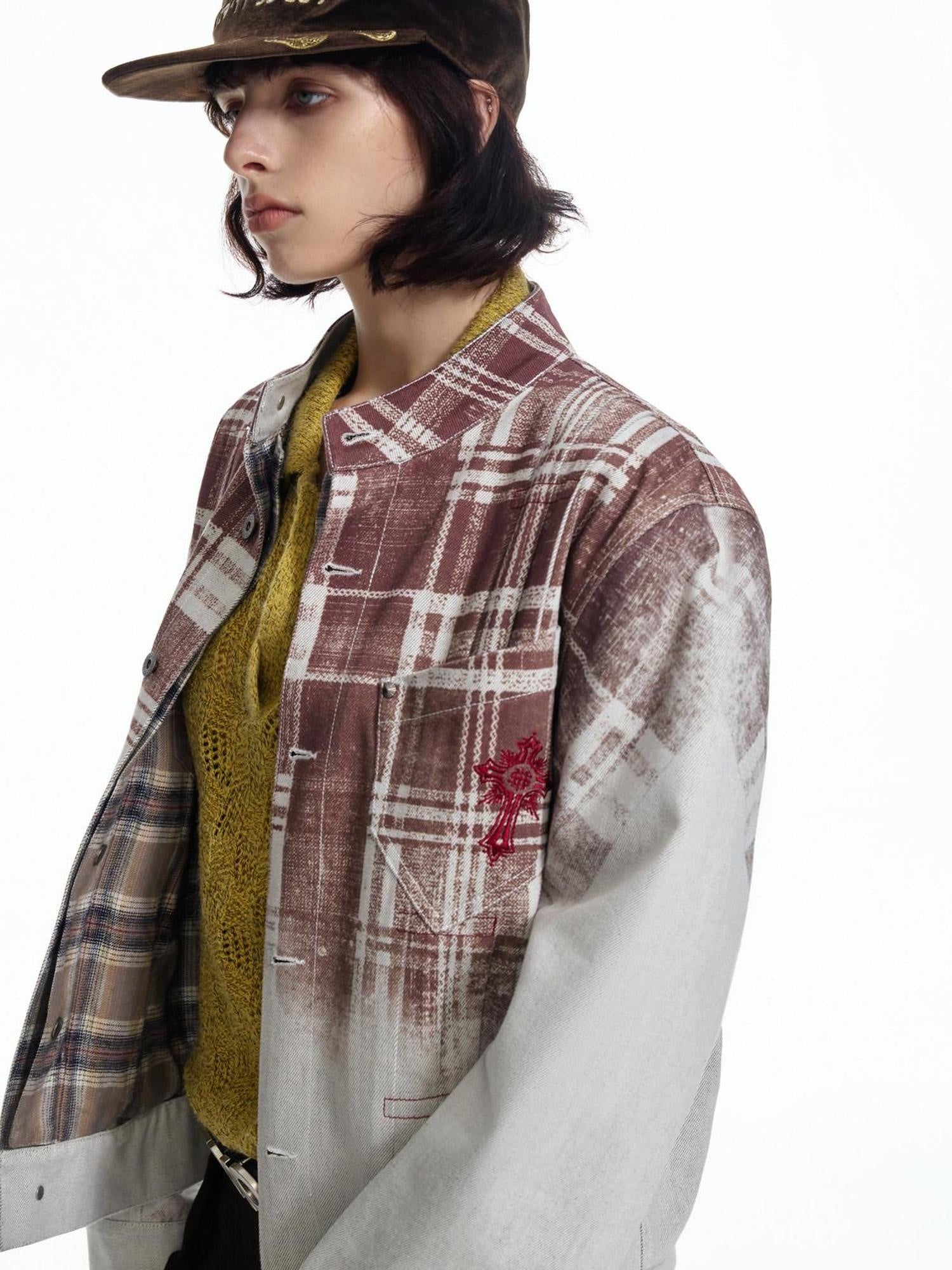EMOBROTHER Loose Embroidered Vintage Cotton Unisex Work Plaid Patch Midlength Denim Jackets