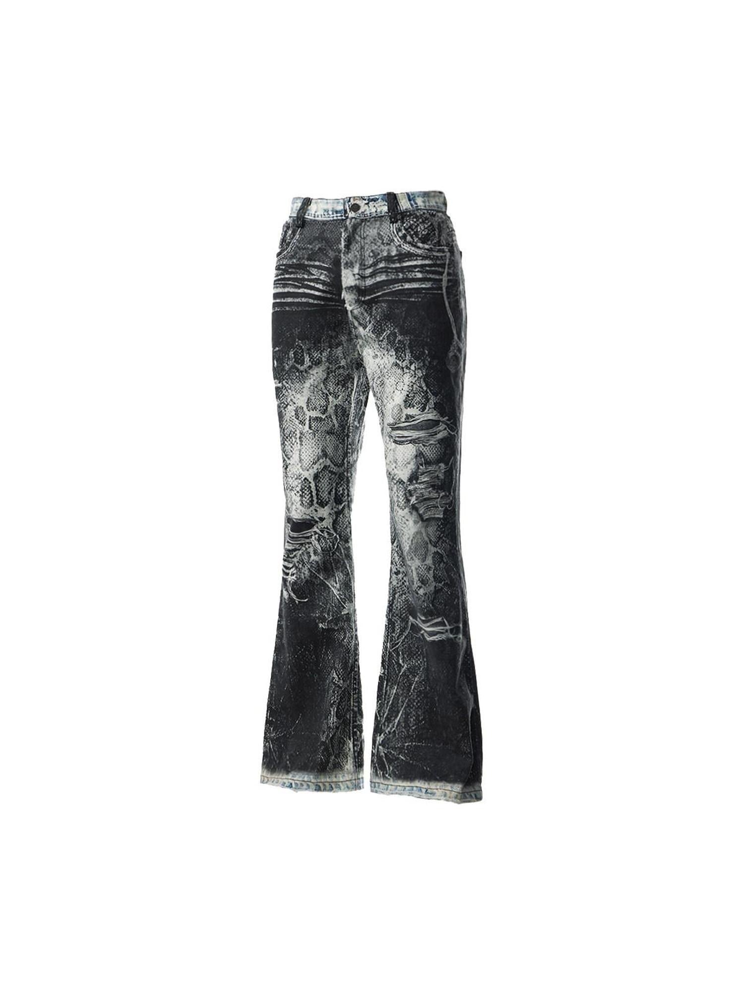 EMOBROTHER Low Rise Snake Print Coated Denim Youth Casual Micro Stretch Flare Jeans