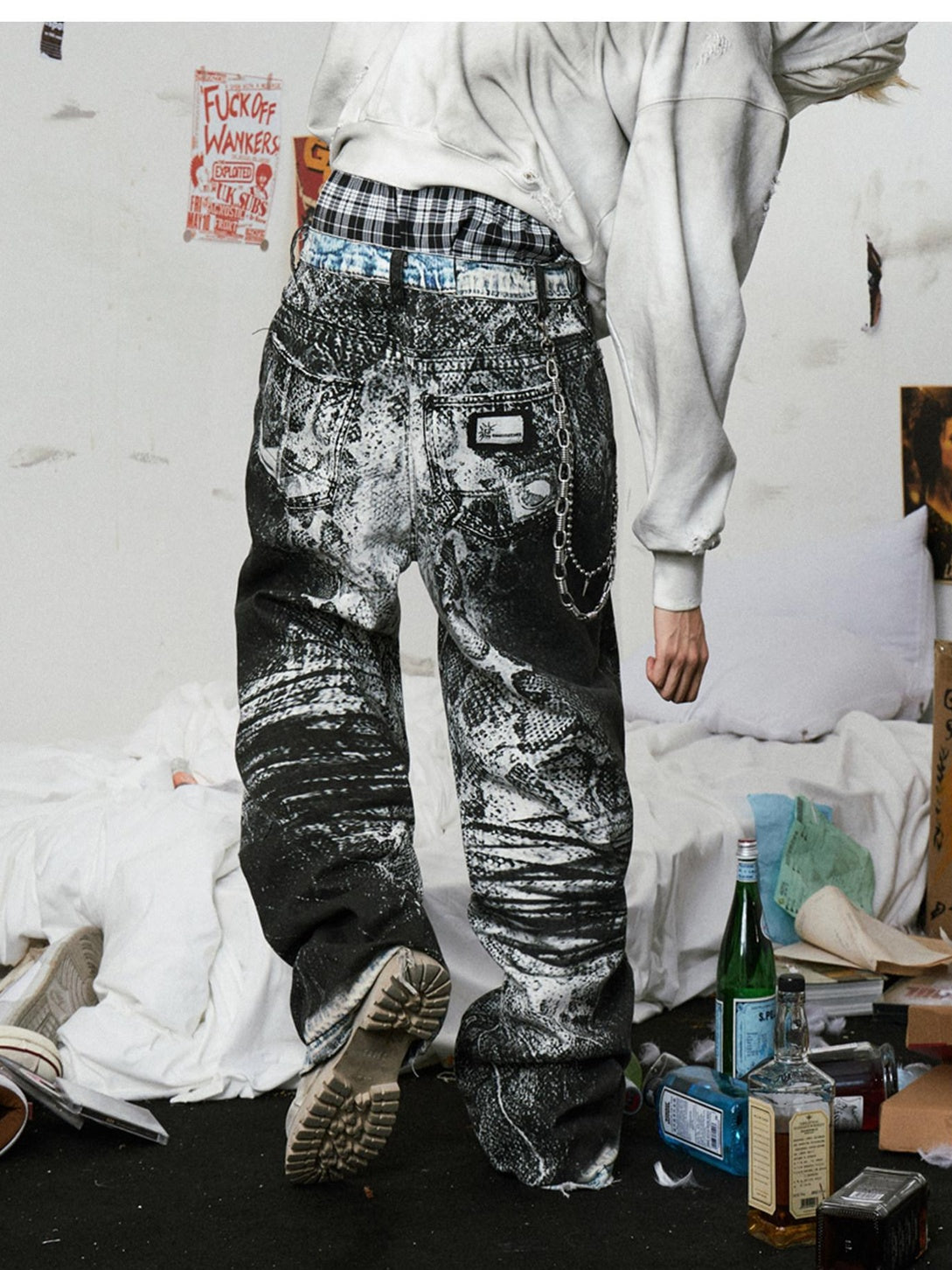 EMOBROTHER Low Rise Snake Print Coated Denim Youth Casual Micro Stretch Flare Jeans