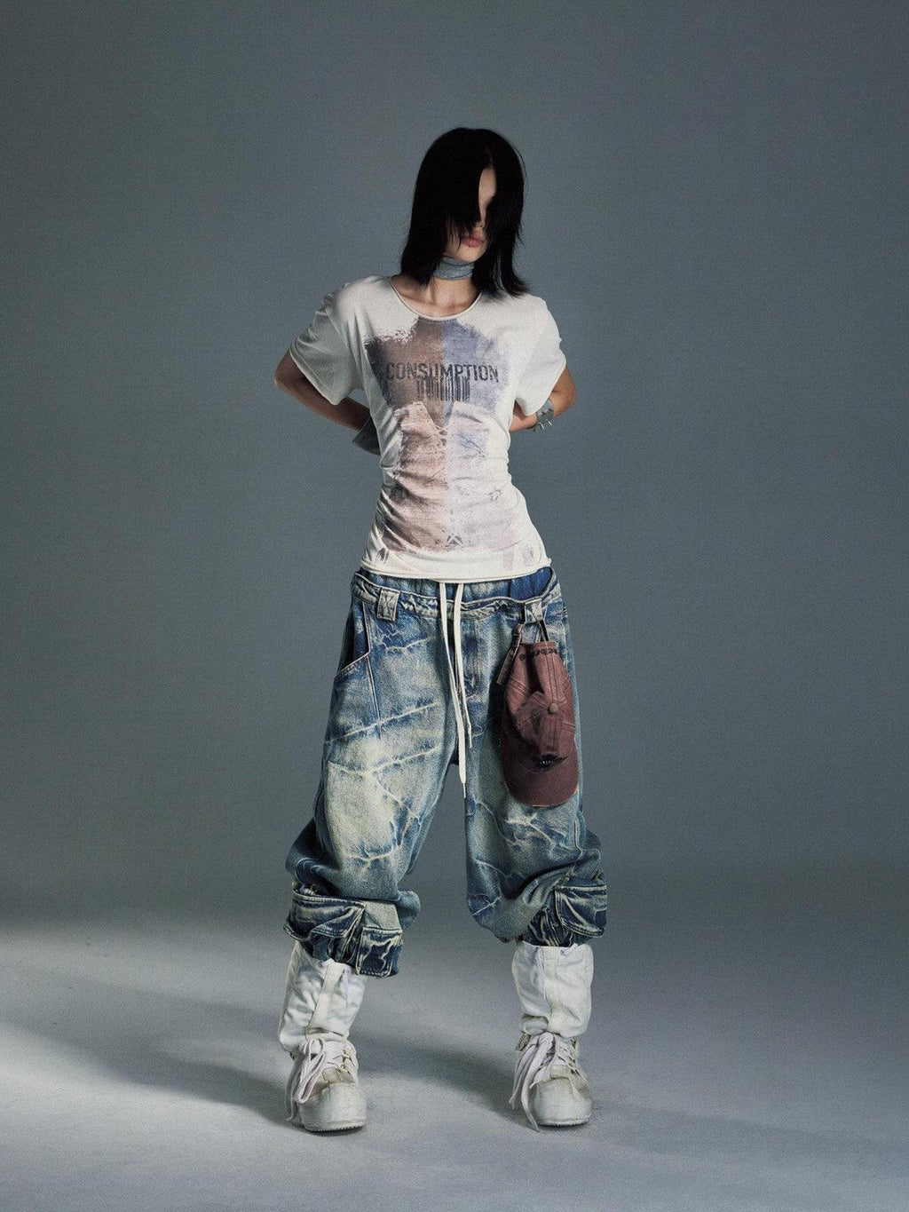 EMOBROTHER Mid High Waist Washed Distressed Punk Loose Straight Denim Wide-Leg Jeans