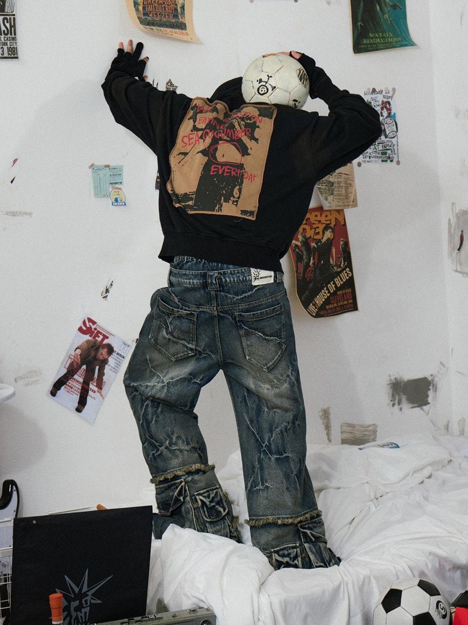 EMOBROTHER Mid High Waist Washed Distressed Punk Loose Straight Denim Wide-Leg Jeans