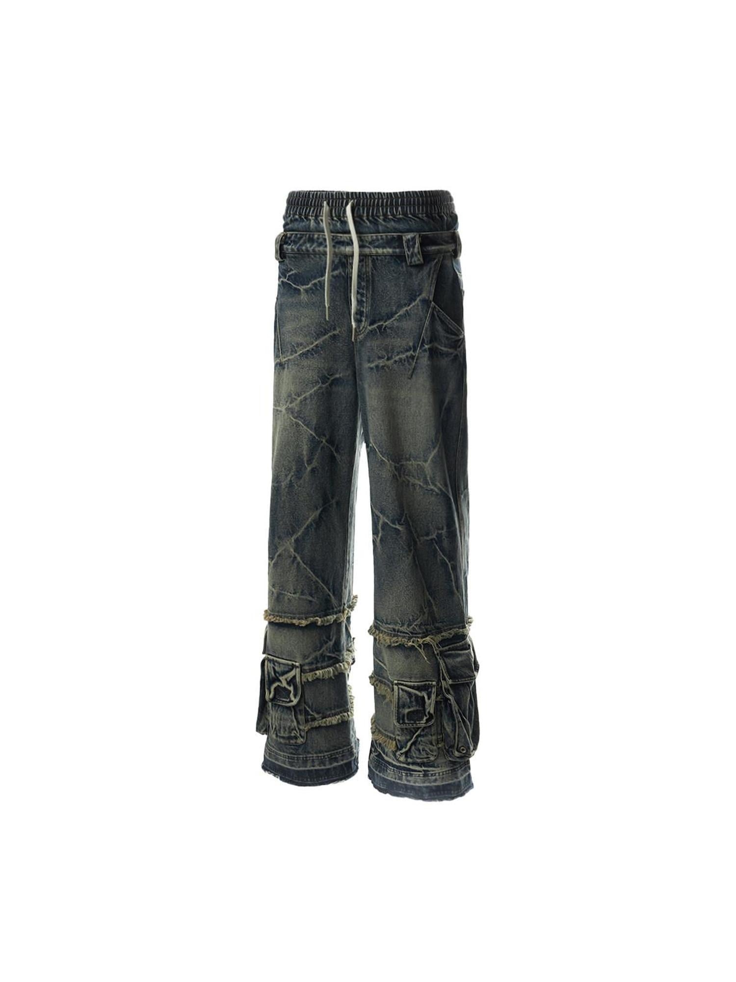 EMOBROTHER Mid High Waist Washed Distressed Punk Loose Straight Denim Wide-Leg Jeans