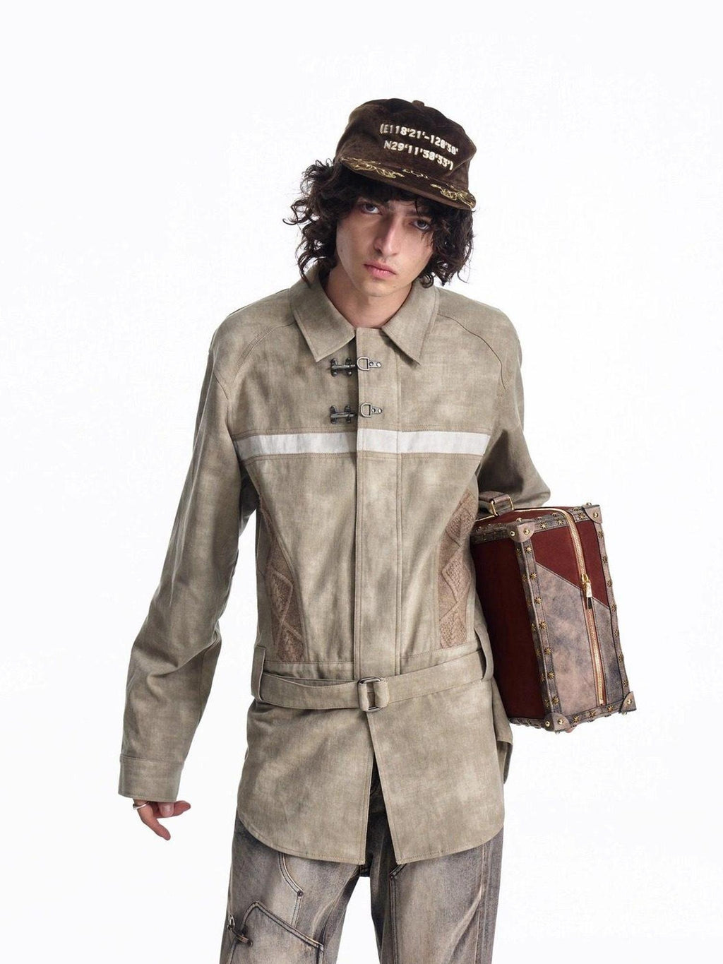 EMOBROTHER Non Iron Cotton Printed Loose Long Collared Zip Unisex Youth Khaki Gray Shirts