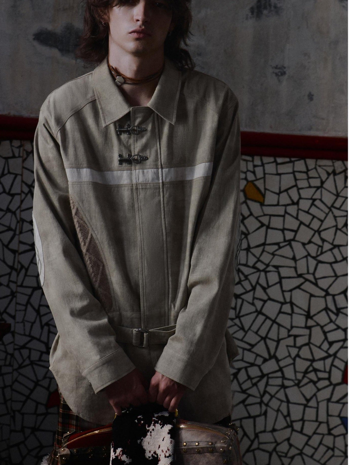 EMOBROTHER Non Iron Cotton Printed Loose Long Collared Zip Unisex Youth Khaki Gray Shirts