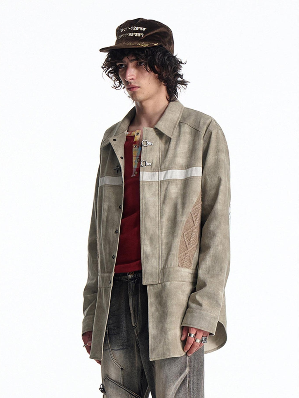 EMOBROTHER Non Iron Cotton Printed Loose Long Collared Zip Unisex Youth Khaki Gray Shirts