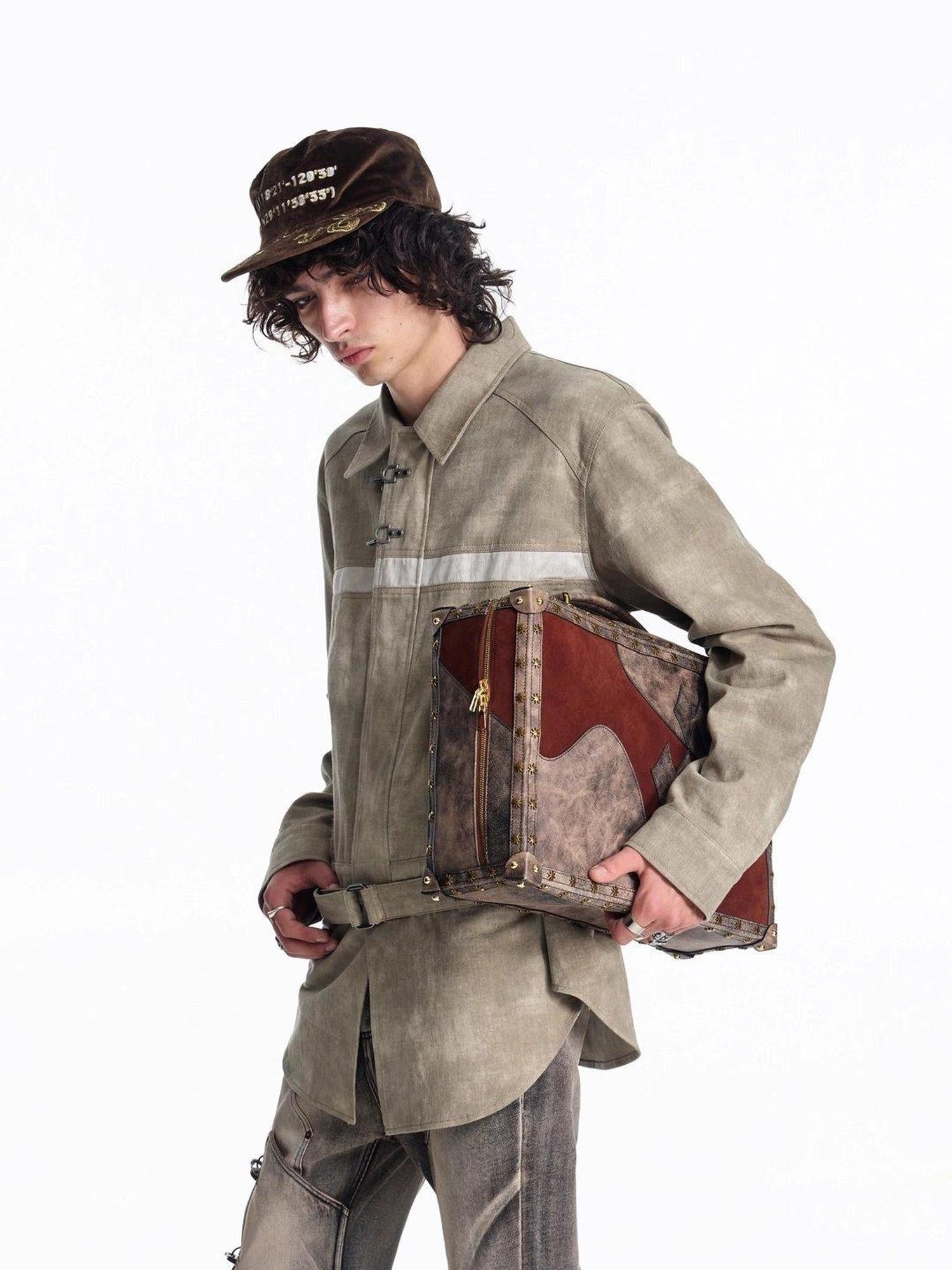 EMOBROTHER Non Iron Cotton Printed Loose Long Collared Zip Unisex Youth Khaki Gray Shirts