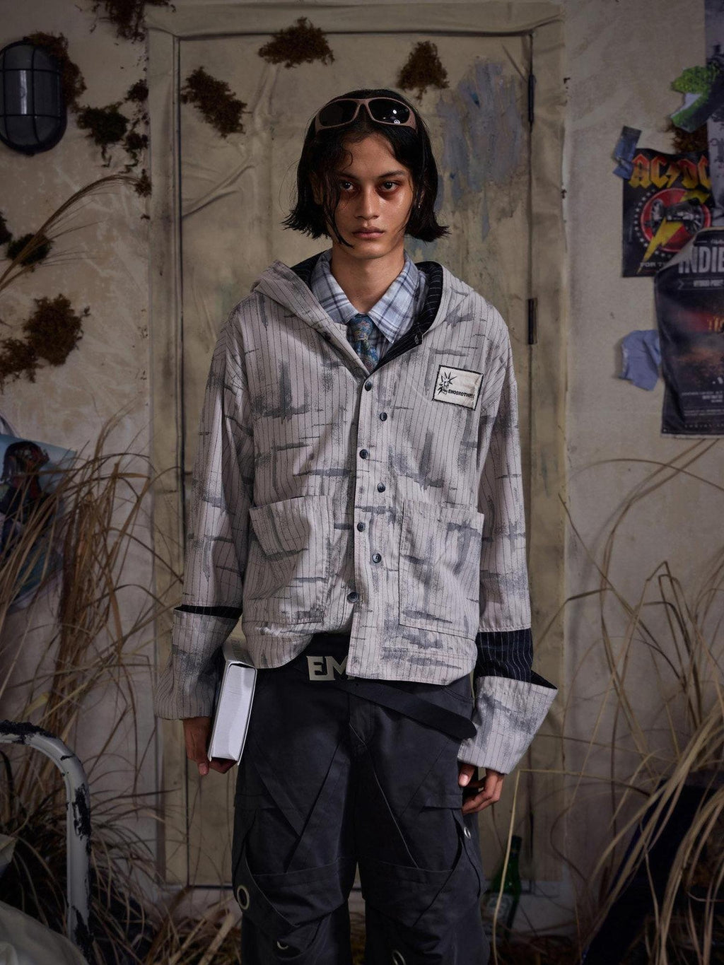 EMOBROTHER Non Iron Loose Fit Hooded Asymmetrical Patch Stripe Unisex Casual Shirts