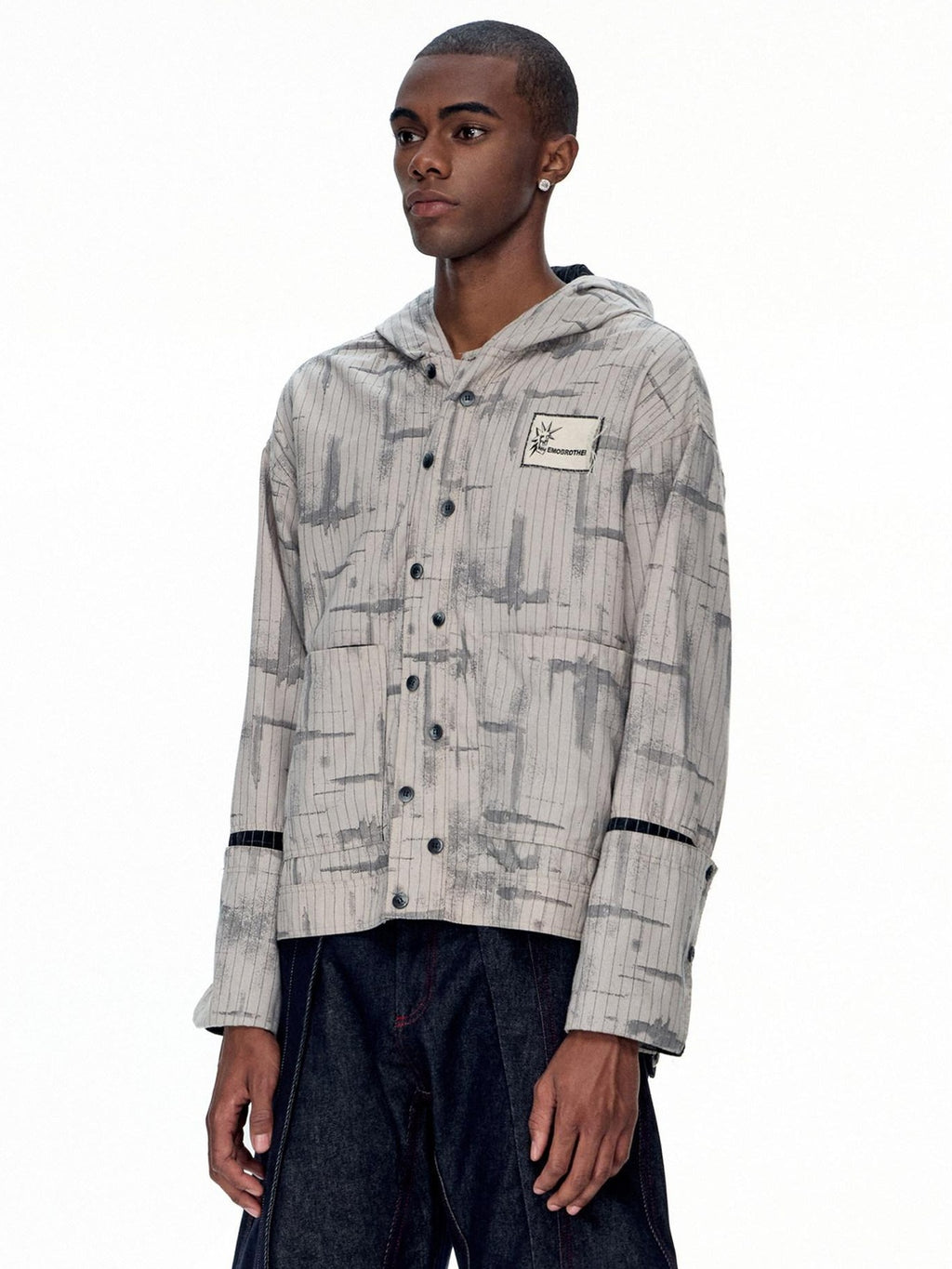EMOBROTHER Non Iron Loose Fit Hooded Asymmetrical Patch Stripe Unisex Casual Shirts