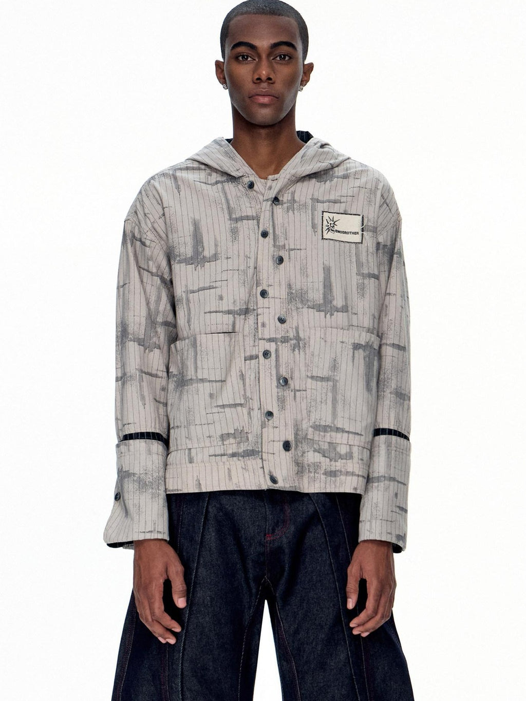EMOBROTHER Non Iron Loose Fit Hooded Asymmetrical Patch Stripe Unisex Casual Shirts