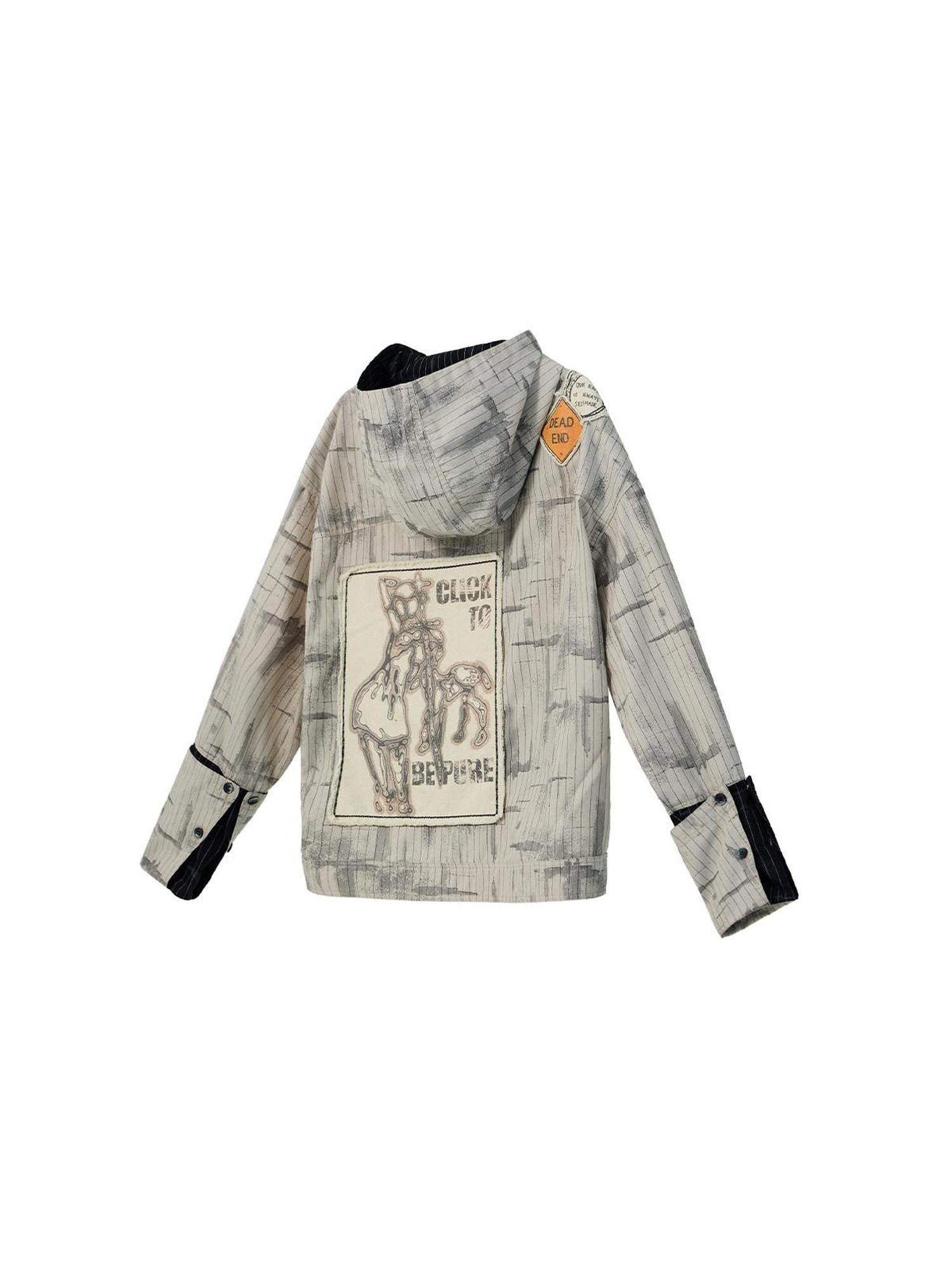 EMOBROTHER Non Iron Loose Fit Hooded Asymmetrical Patch Stripe Unisex Casual Shirts