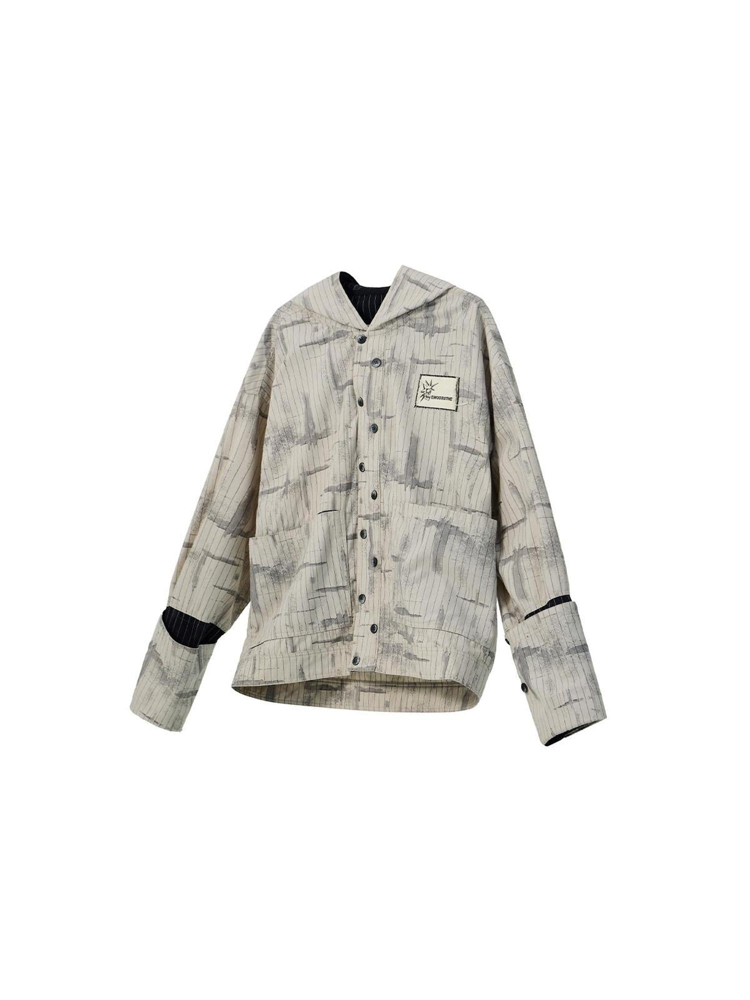EMOBROTHER Non Iron Loose Fit Hooded Asymmetrical Patch Stripe Unisex Casual Shirts