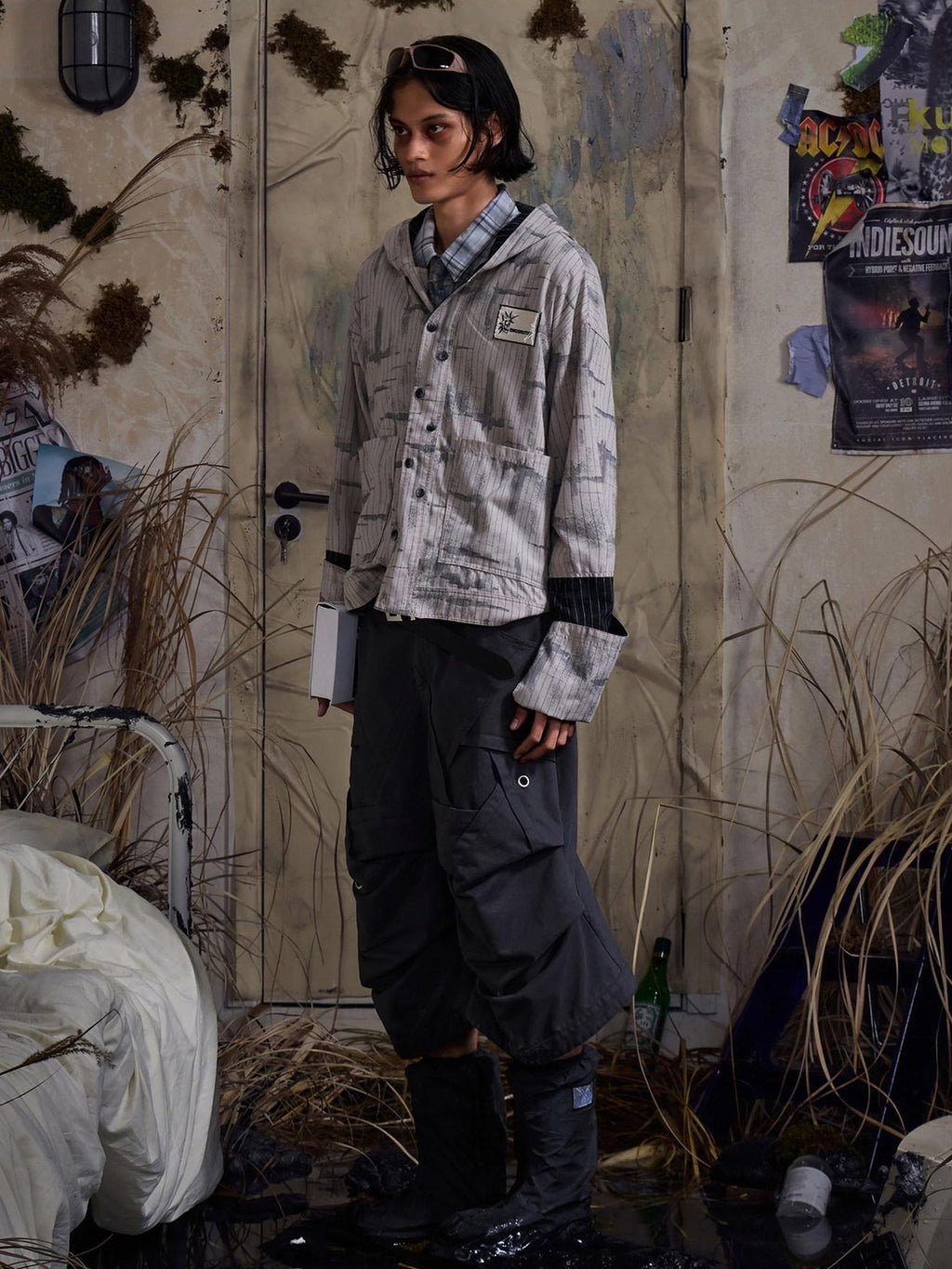 EMOBROTHER Non Iron Loose Fit Hooded Asymmetrical Patch Stripe Unisex Casual Shirts