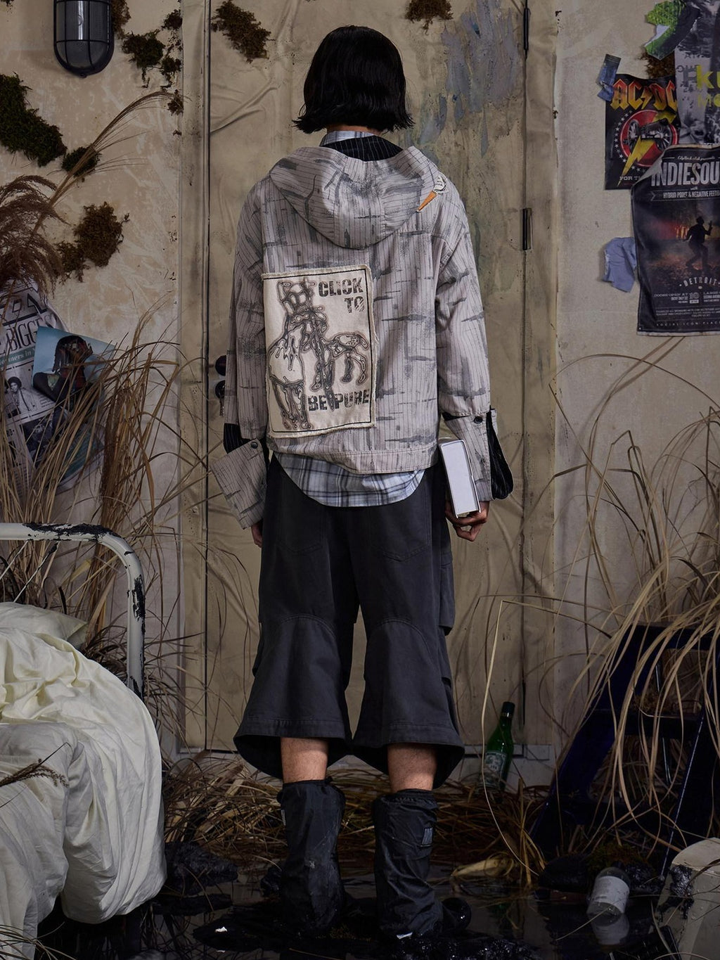 EMOBROTHER Non Iron Loose Fit Hooded Asymmetrical Patch Stripe Unisex Casual Shirts