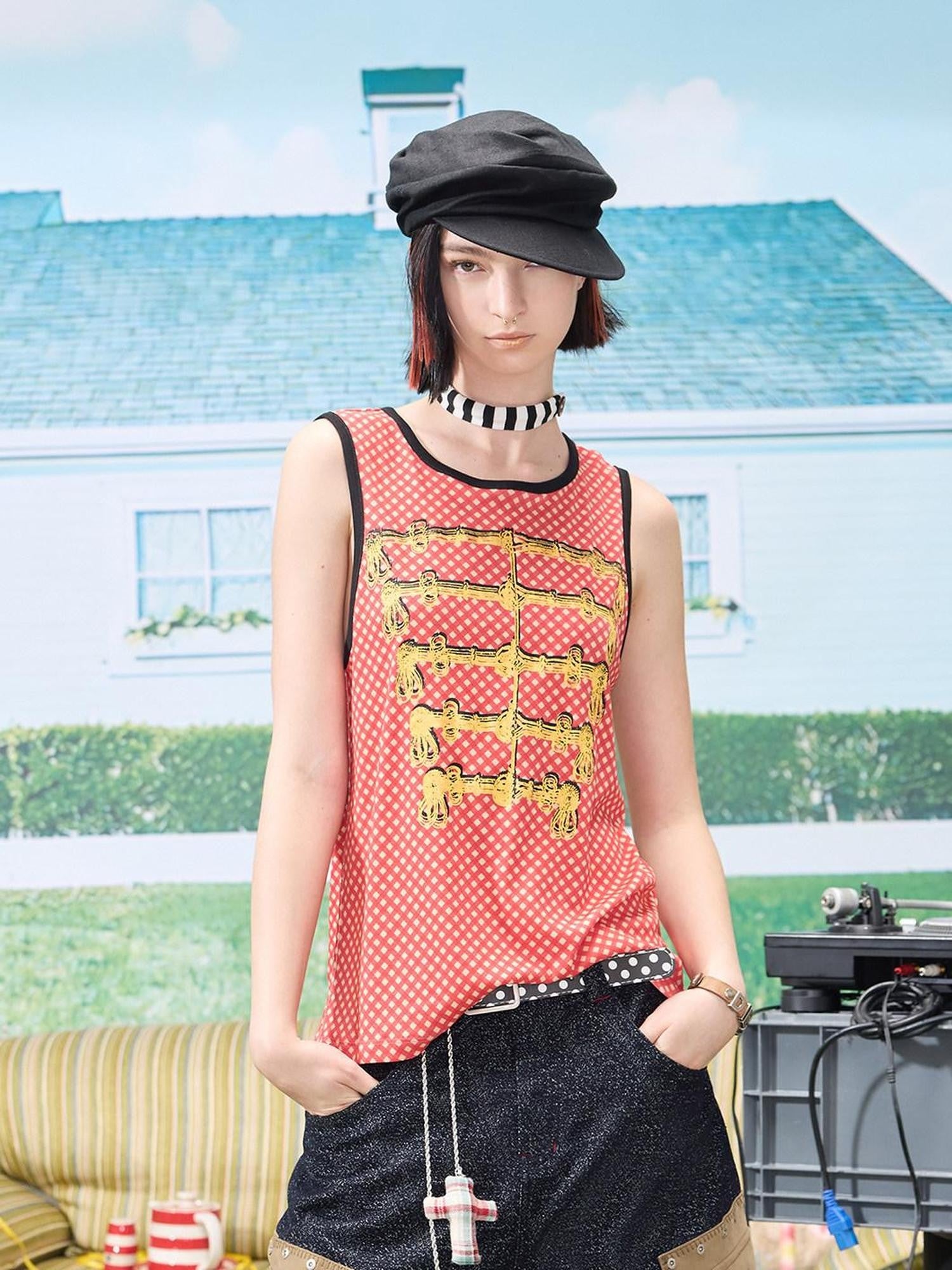 EMOBROTHER Polka Dot Print Rope Embroidered Contrast Ribbed Women's Cotton Tank Tops