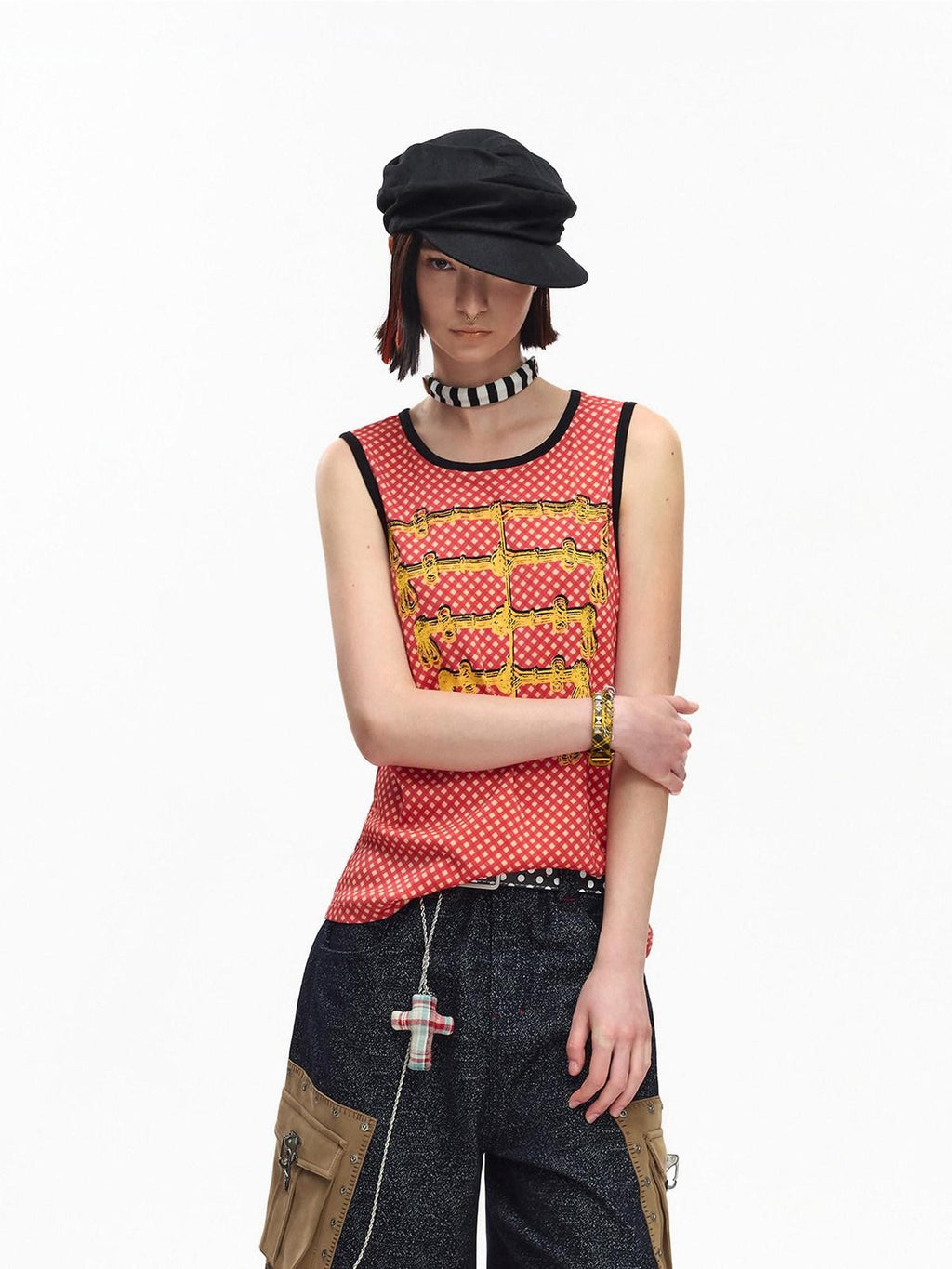 EMOBROTHER Polka Dot Print Rope Embroidered Contrast Ribbed Women's Cotton Tank Tops