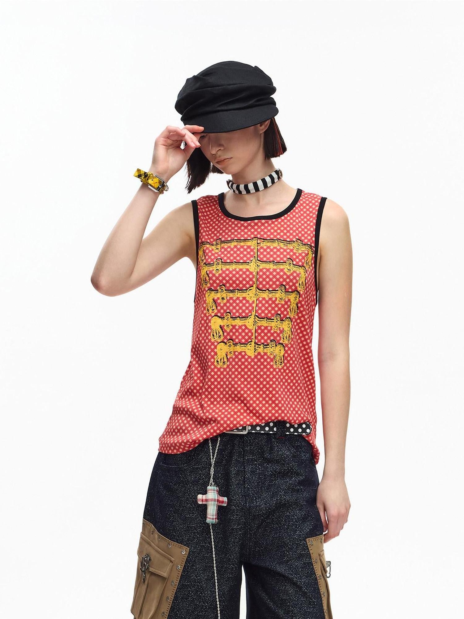EMOBROTHER Polka Dot Print Rope Embroidered Contrast Ribbed Women's Cotton Tank Tops