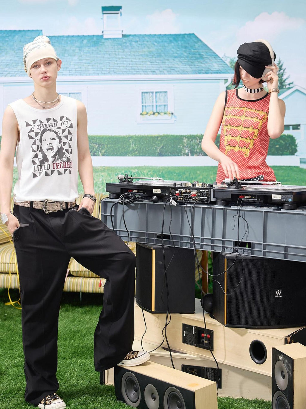EMOBROTHER Polka Dot Print Rope Embroidered Contrast Ribbed Women's Cotton Tank Tops