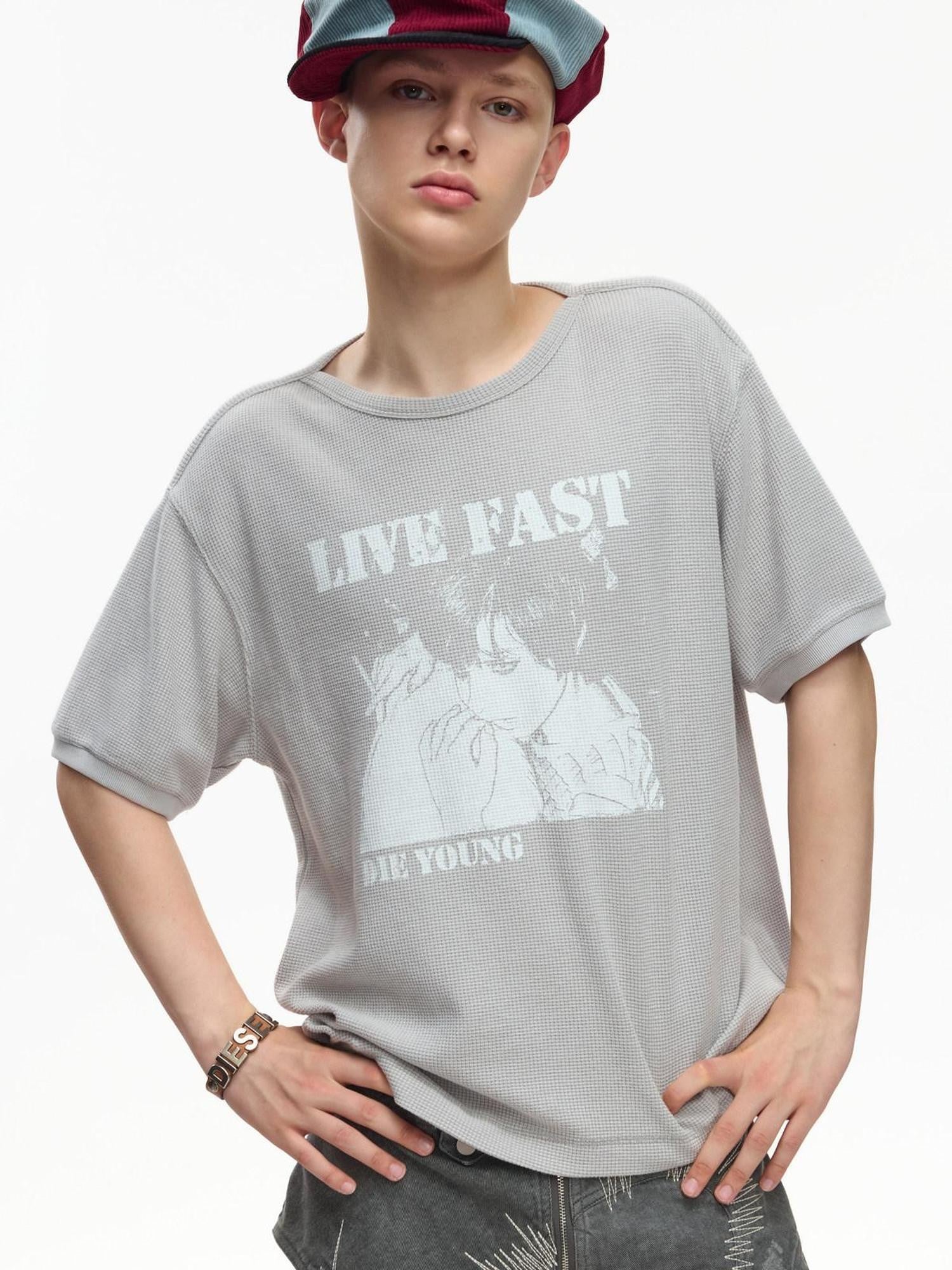 EMOBROTHER Portrait Screen Print Waffle Texture Women's Cotton Blend Short Sleeve T-shirts