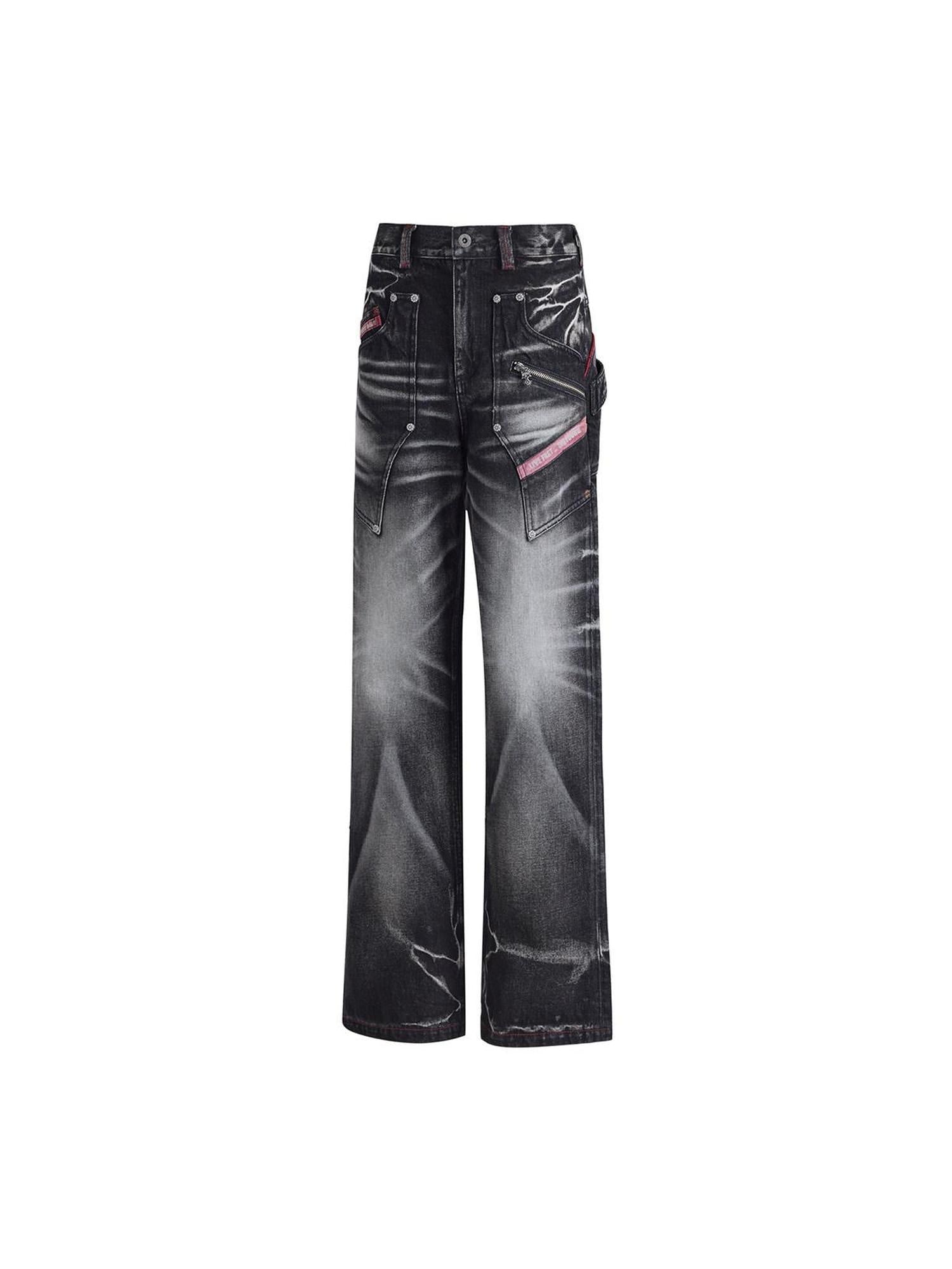 EMOBROTHER Pure Cotton Durable Slim Mid Rise Washed Printed Patch Black Straight Jeans