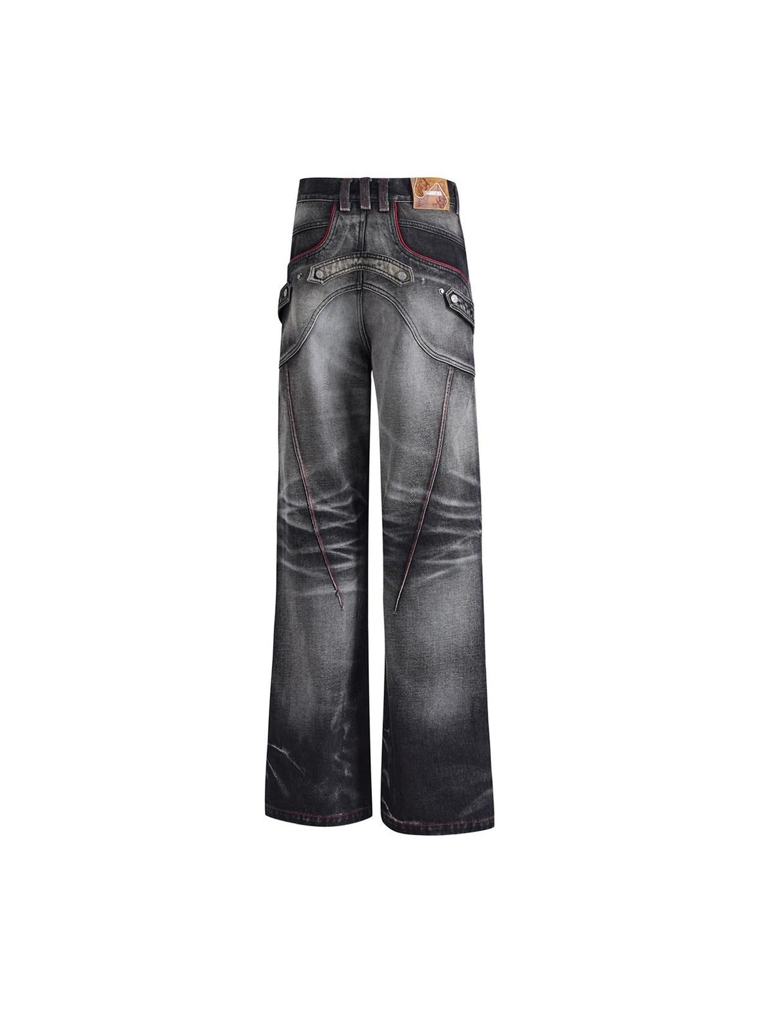 EMOBROTHER Pure Cotton Durable Slim Mid Rise Washed Printed Patch Black Straight Jeans