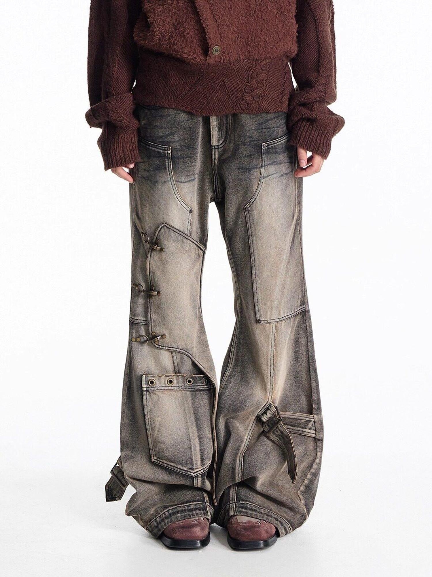 EMOBROTHER Pure Cotton No Stretch Mid Rise Patchwork Metal Loose Fit Casual Straight Jeans