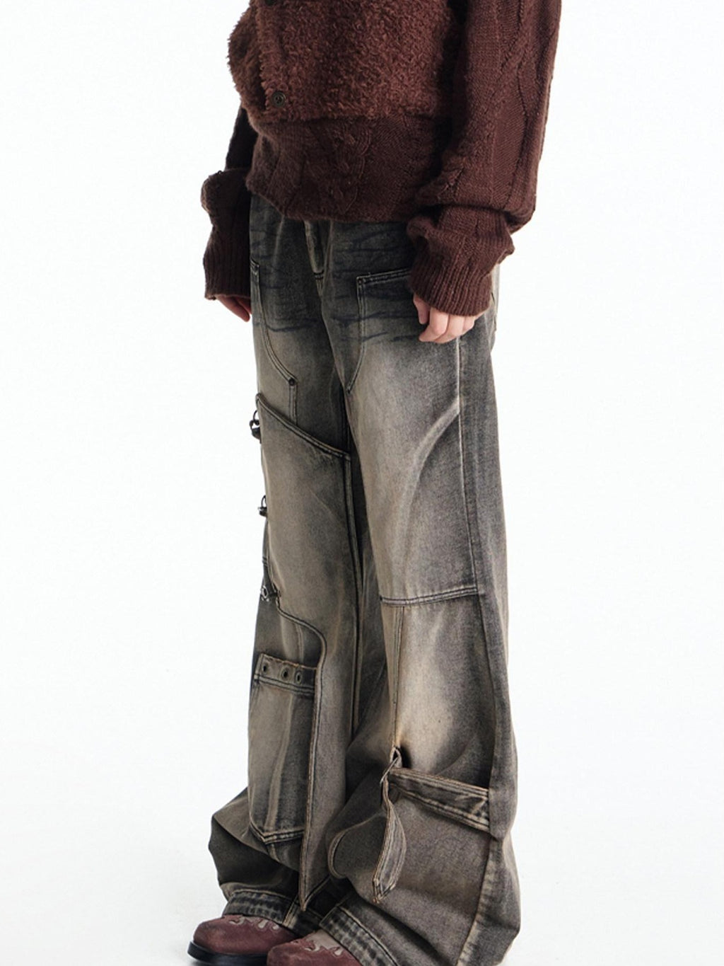 EMOBROTHER Pure Cotton No Stretch Mid Rise Patchwork Metal Loose Fit Casual Straight Jeans