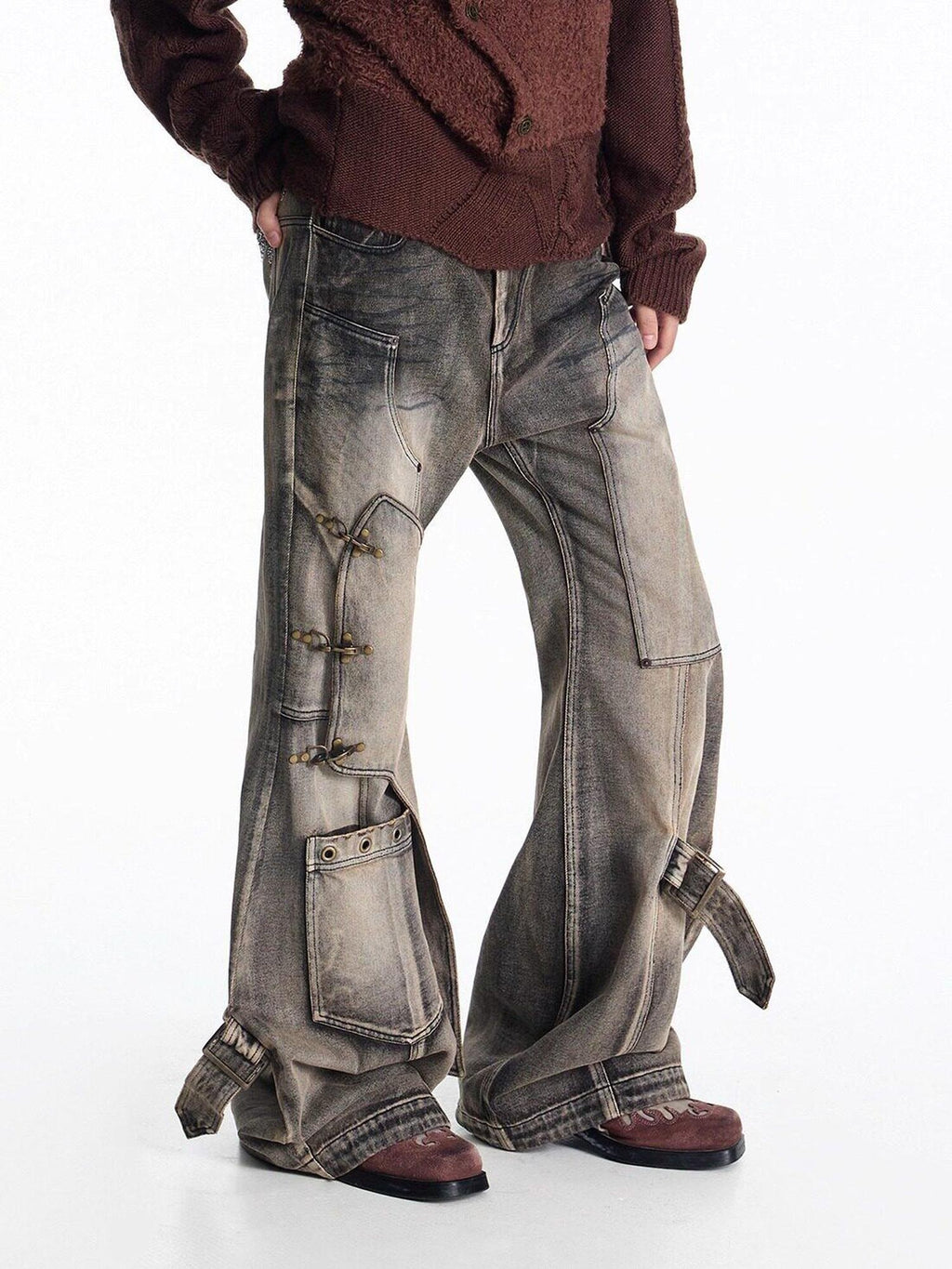EMOBROTHER Pure Cotton No Stretch Mid Rise Patchwork Metal Loose Fit Casual Straight Jeans