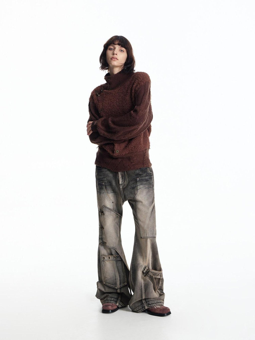 EMOBROTHER Pure Cotton No Stretch Mid Rise Patchwork Metal Loose Fit Casual Straight Jeans