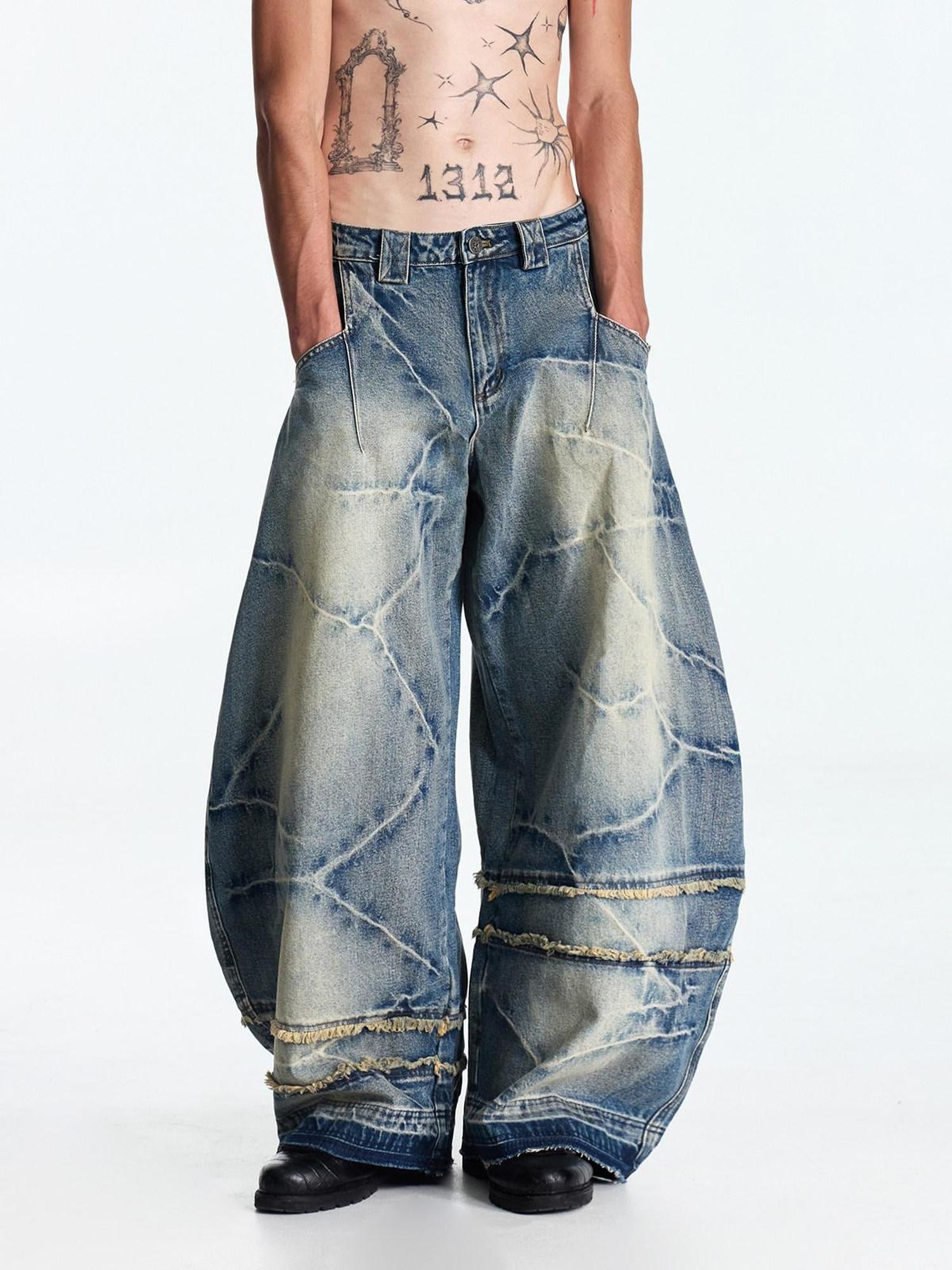 EMOBROTHER Pure Cotton Washed Embroidered Mid High Rise Loose Fit Casual Wide-Leg Jeans