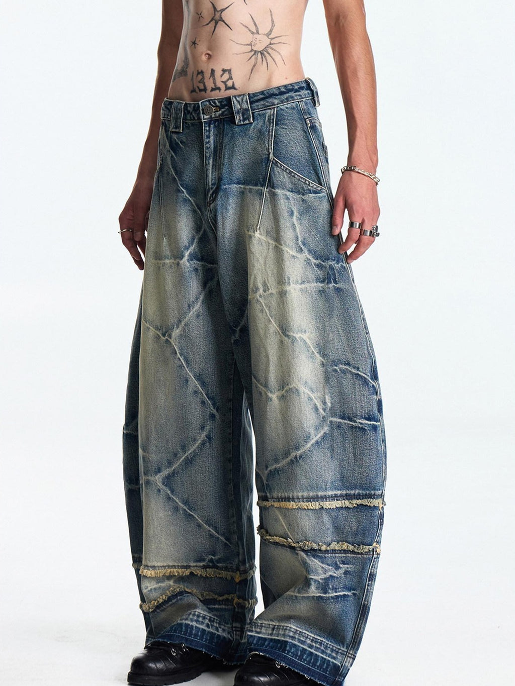 EMOBROTHER Pure Cotton Washed Embroidered Mid High Rise Loose Fit Casual Wide-Leg Jeans
