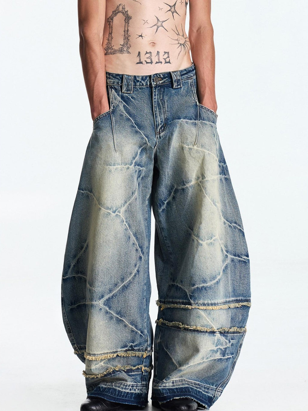 EMOBROTHER Pure Cotton Washed Embroidered Mid High Rise Loose Fit Casual Wide-Leg Jeans