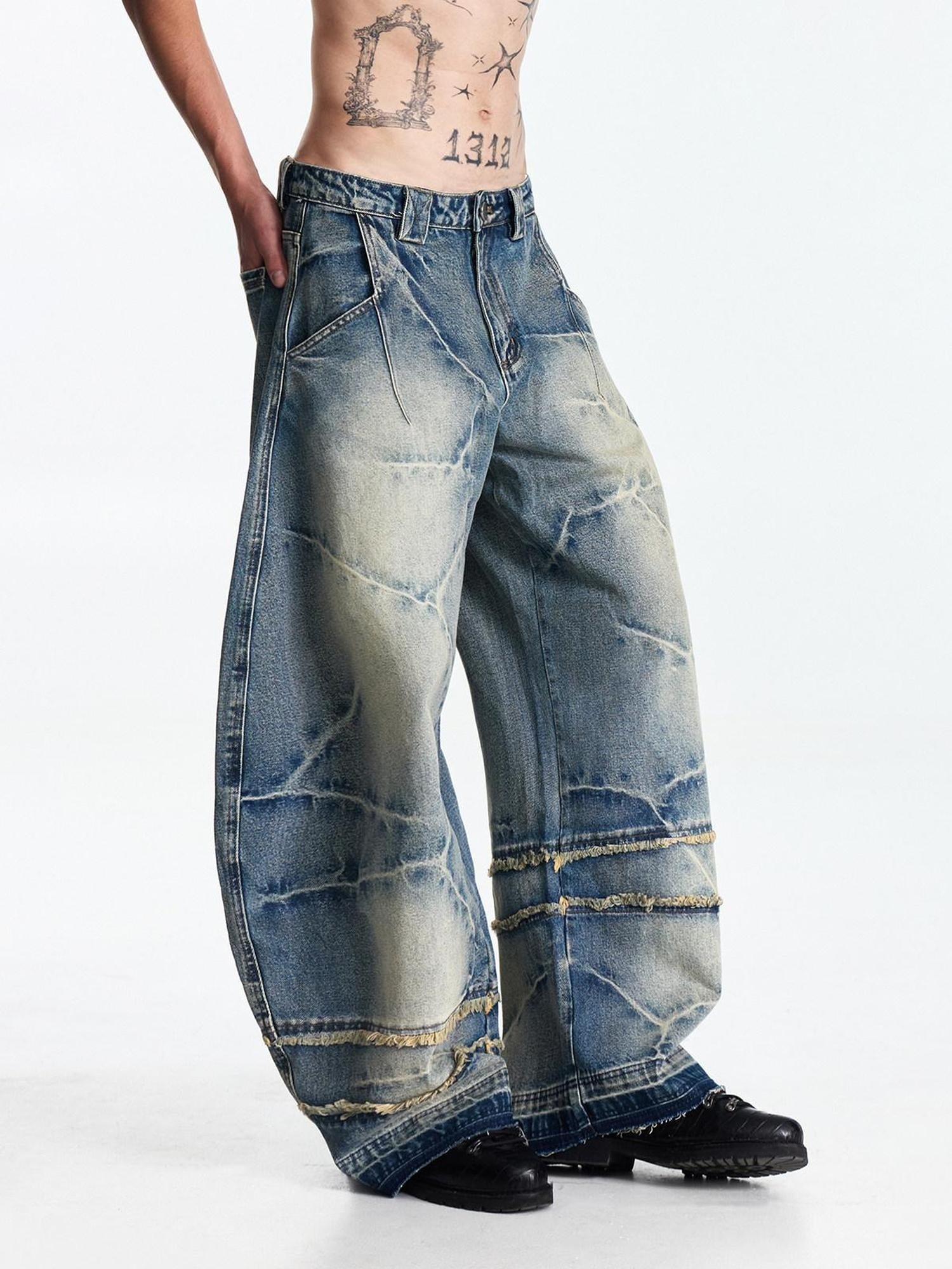 EMOBROTHER Pure Cotton Washed Embroidered Mid High Rise Loose Fit Casual Wide-Leg Jeans