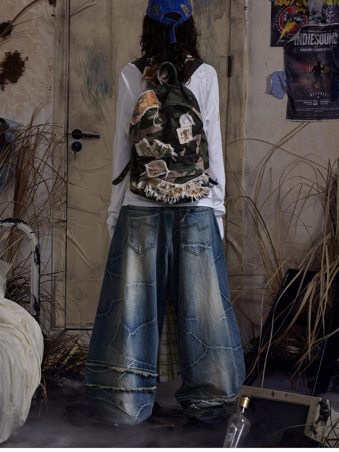 EMOBROTHER Pure Cotton Washed Embroidered Mid High Rise Loose Fit Casual Wide-Leg Jeans