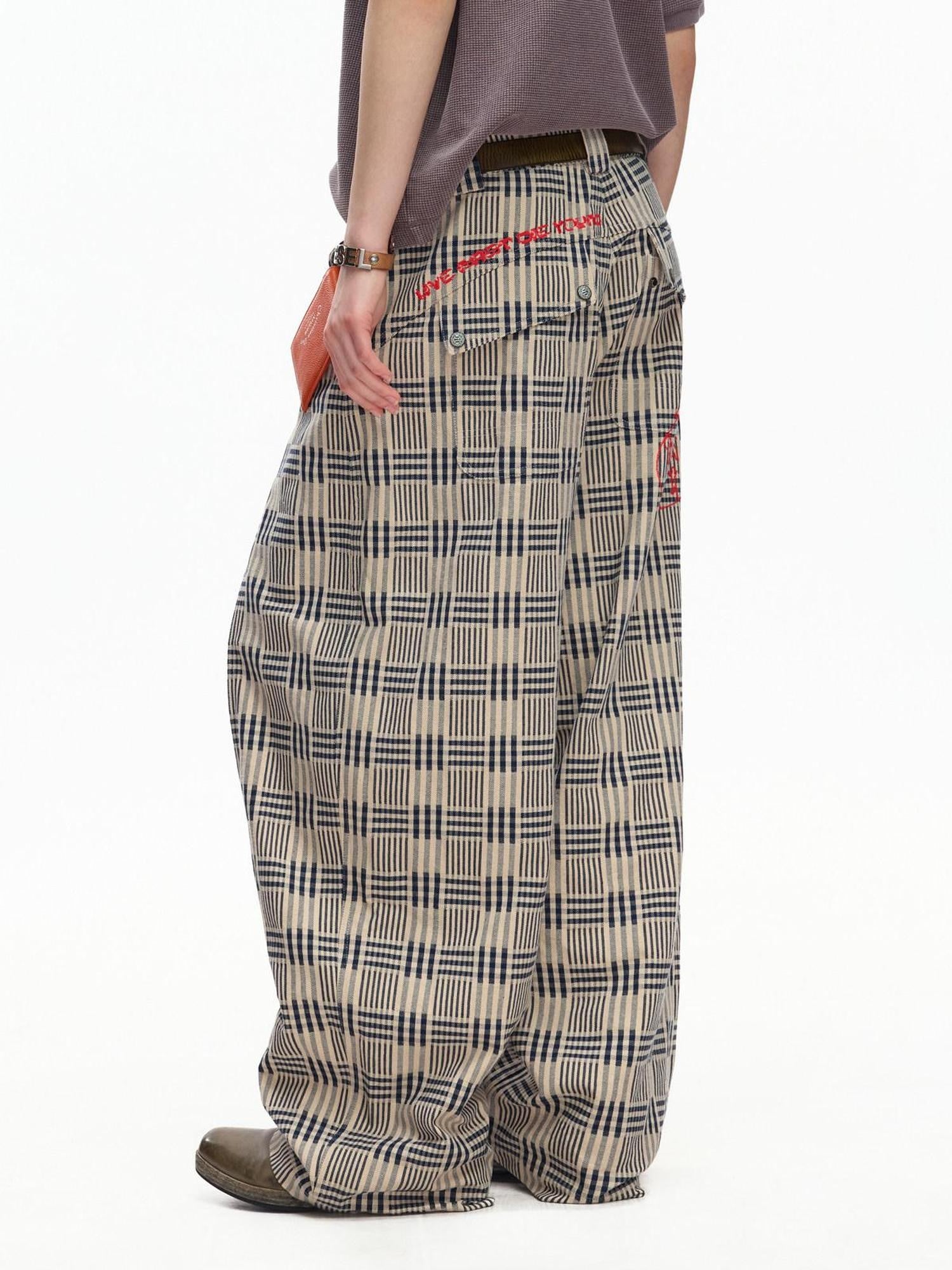 EMOBROTHER Retro Plaid Contrast Embroidery Women's Cotton Blend Wide-leg Pants