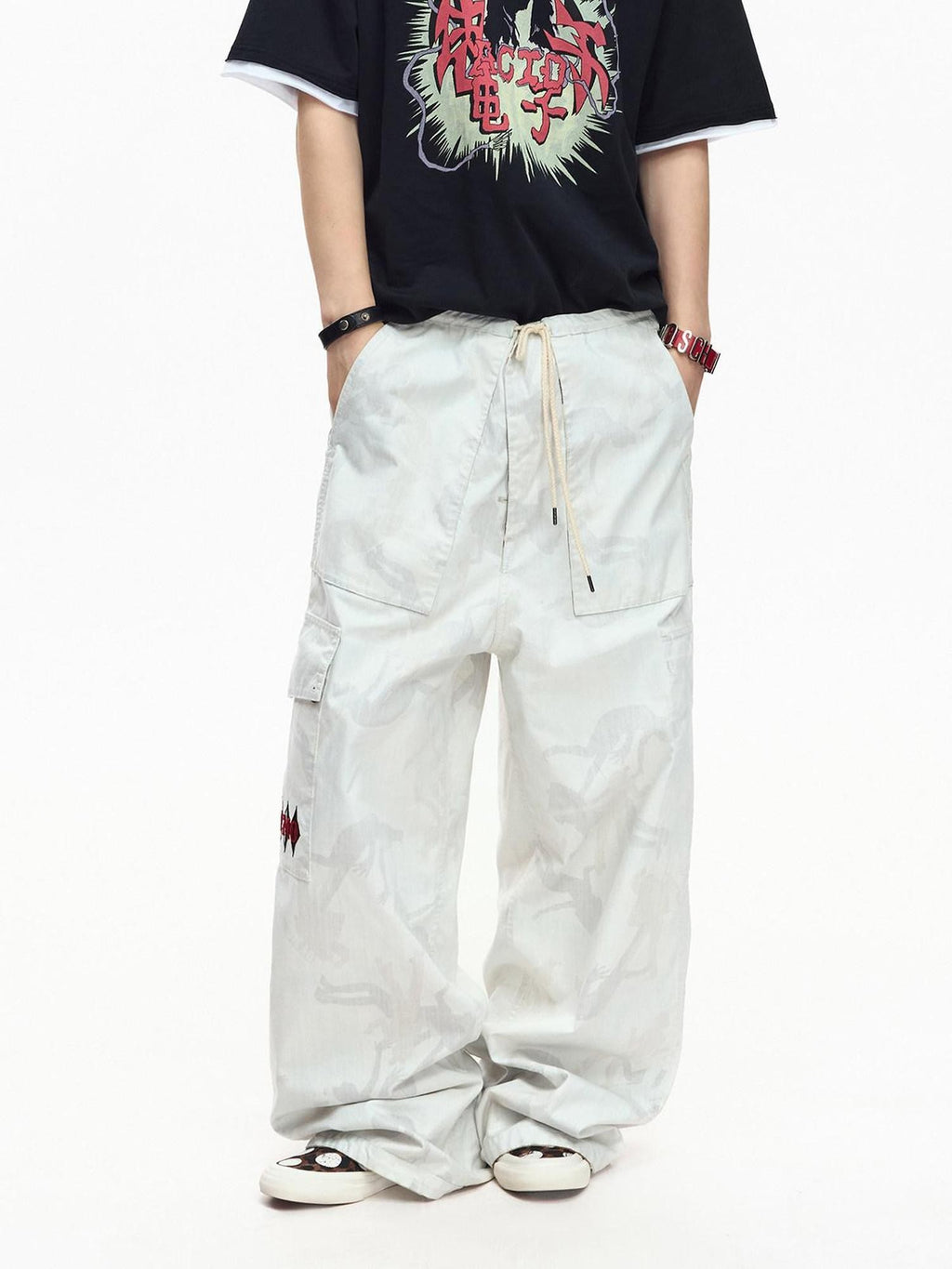EMOBROTHER Reversible Camo Embroidered White Panel Women's Cotton Straight-leg Pants