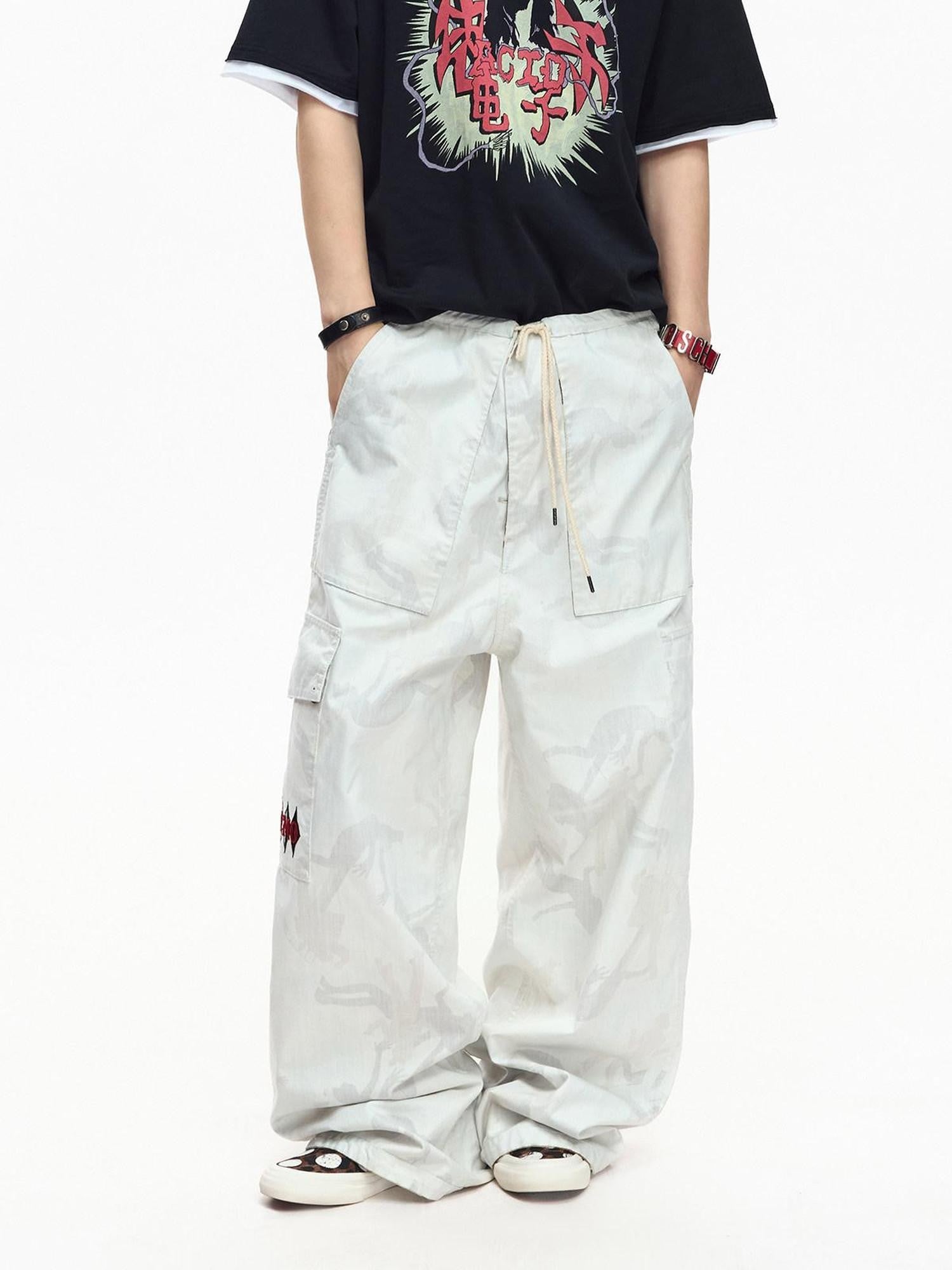 EMOBROTHER Reversible Camo Embroidered White Panel Women's Cotton Straight-leg Pants