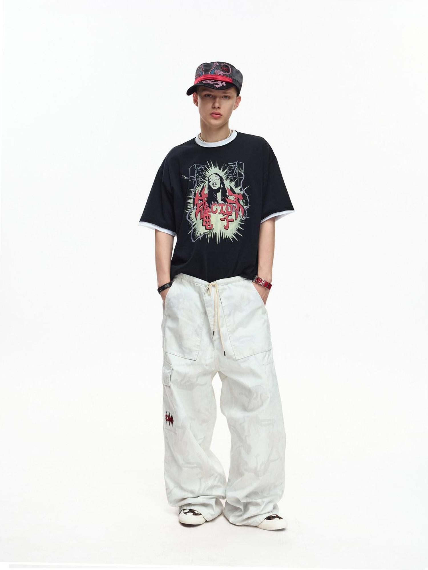 EMOBROTHER Reversible Camo Embroidered White Panel Women's Cotton Straight-leg Pants