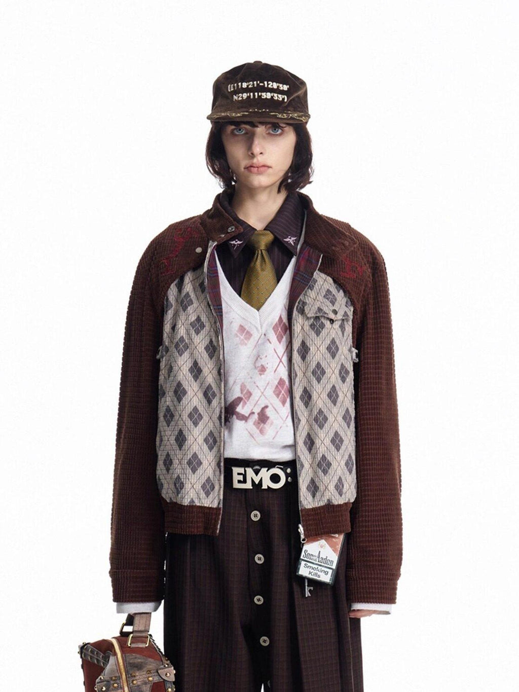 EMOBROTHER Reversible Embroidered Loose Lapel Unisex Casual Geometric Brown Cropped Jackets
