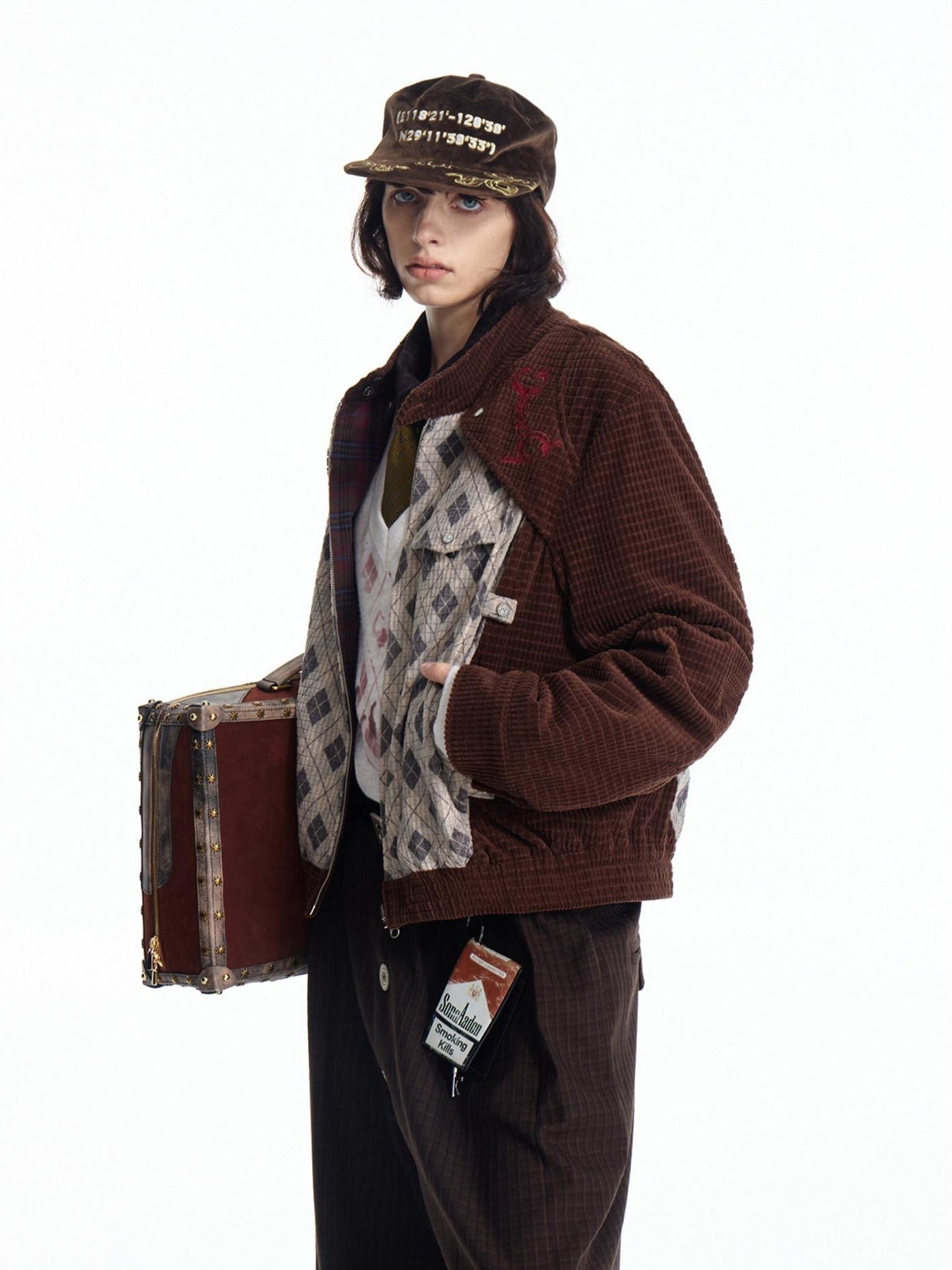 EMOBROTHER Reversible Embroidered Loose Lapel Unisex Casual Geometric Brown Cropped Jackets