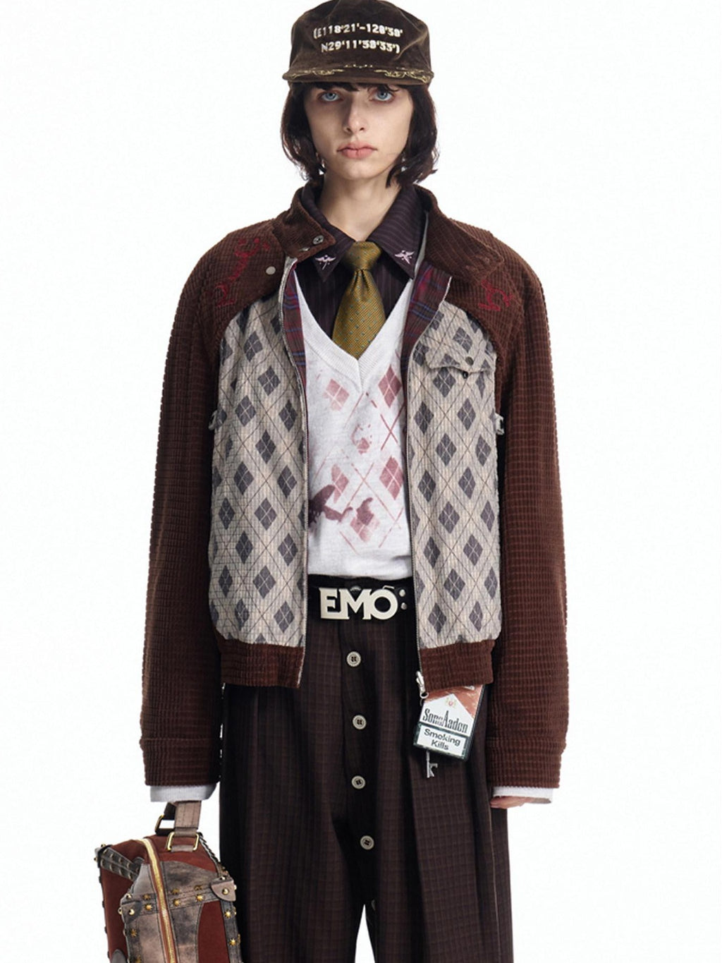 EMOBROTHER Reversible Embroidered Loose Lapel Unisex Casual Geometric Brown Cropped Jackets