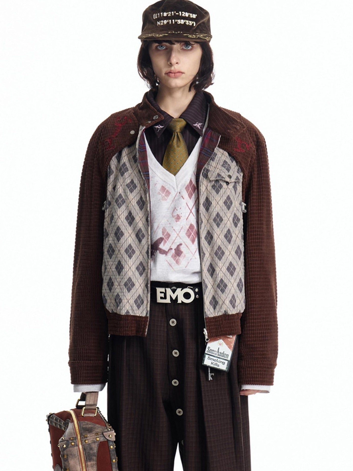 EMOBROTHER Reversible Embroidered Loose Lapel Unisex Casual Geometric Brown Cropped Jackets