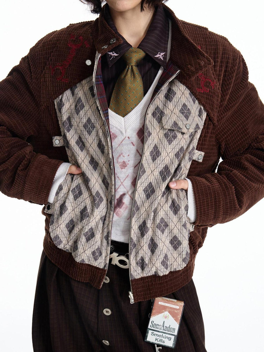 EMOBROTHER Reversible Embroidered Loose Lapel Unisex Casual Geometric Brown Cropped Jackets