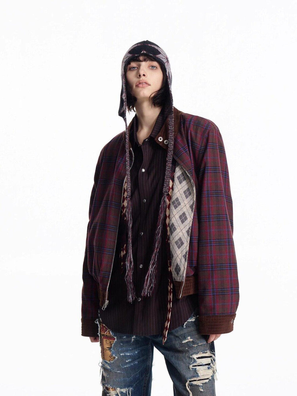 EMOBROTHER Reversible Embroidered Loose Lapel Unisex Casual Geometric Brown Cropped Jackets