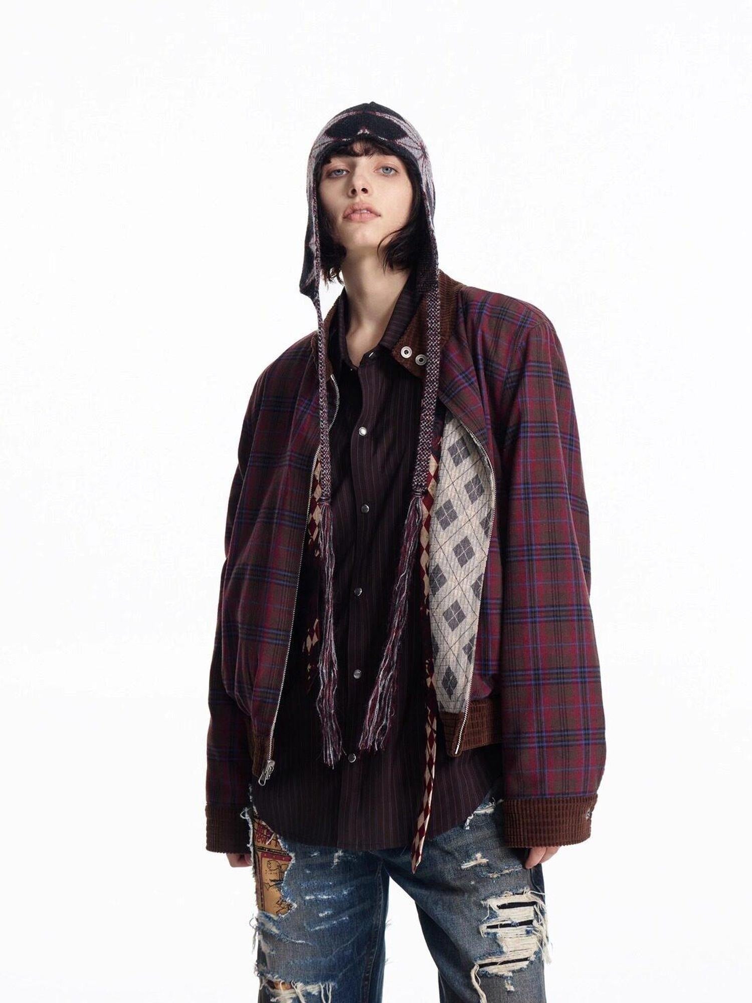 EMOBROTHER Reversible Embroidered Loose Lapel Unisex Casual Geometric Brown Cropped Jackets